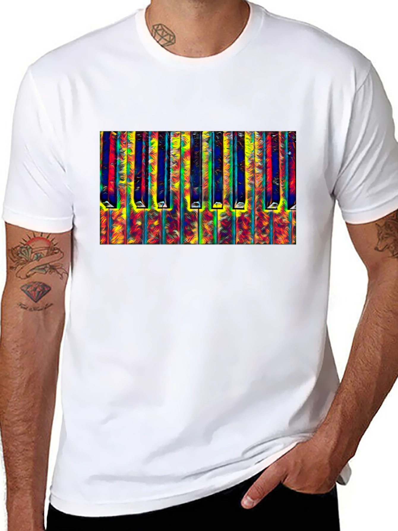 Black Abstract Piano Keys Graphic Tee - Black Cotton T-Shirt view 8