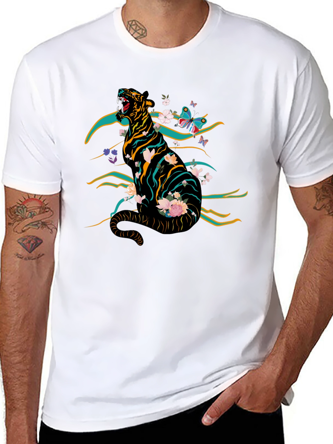 Black Tiger & Floral Graphic Print Tee - Black view 8