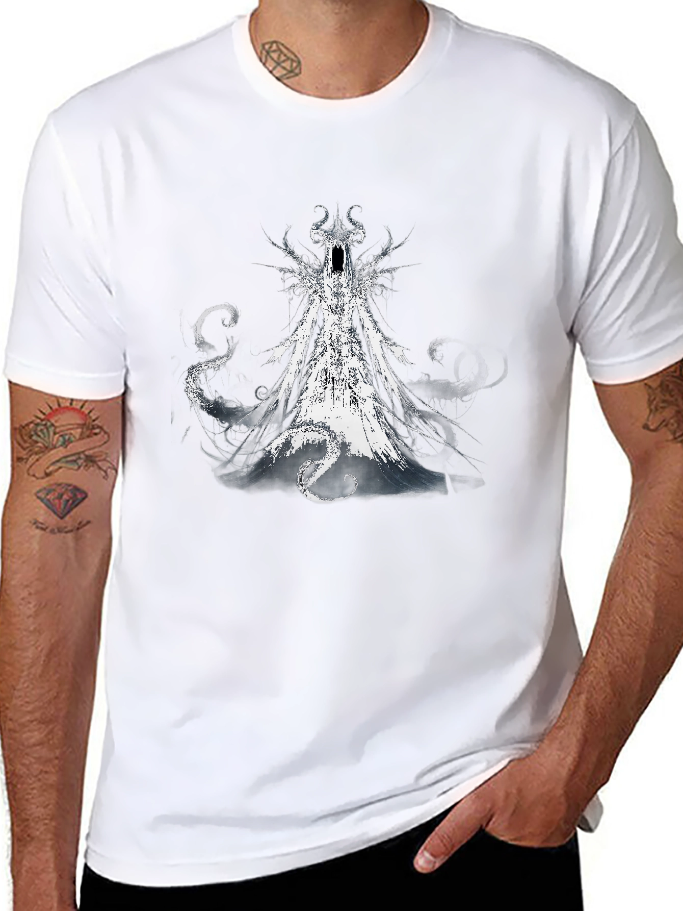 Black Men's Black T-Shirt with Gothic Creature Graphic view 8