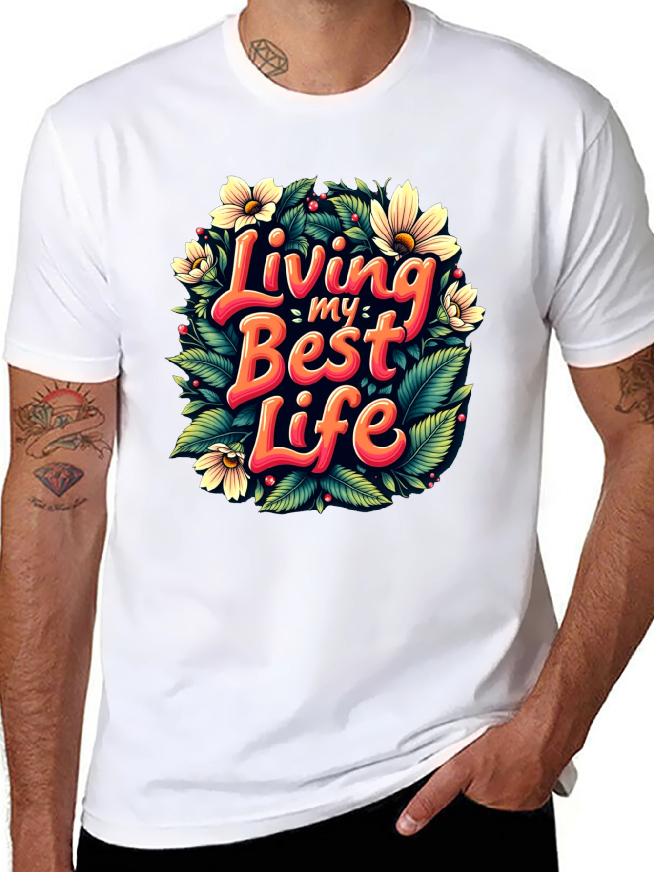 Black Living My Best Life T-Shirt - Floral Design view 8