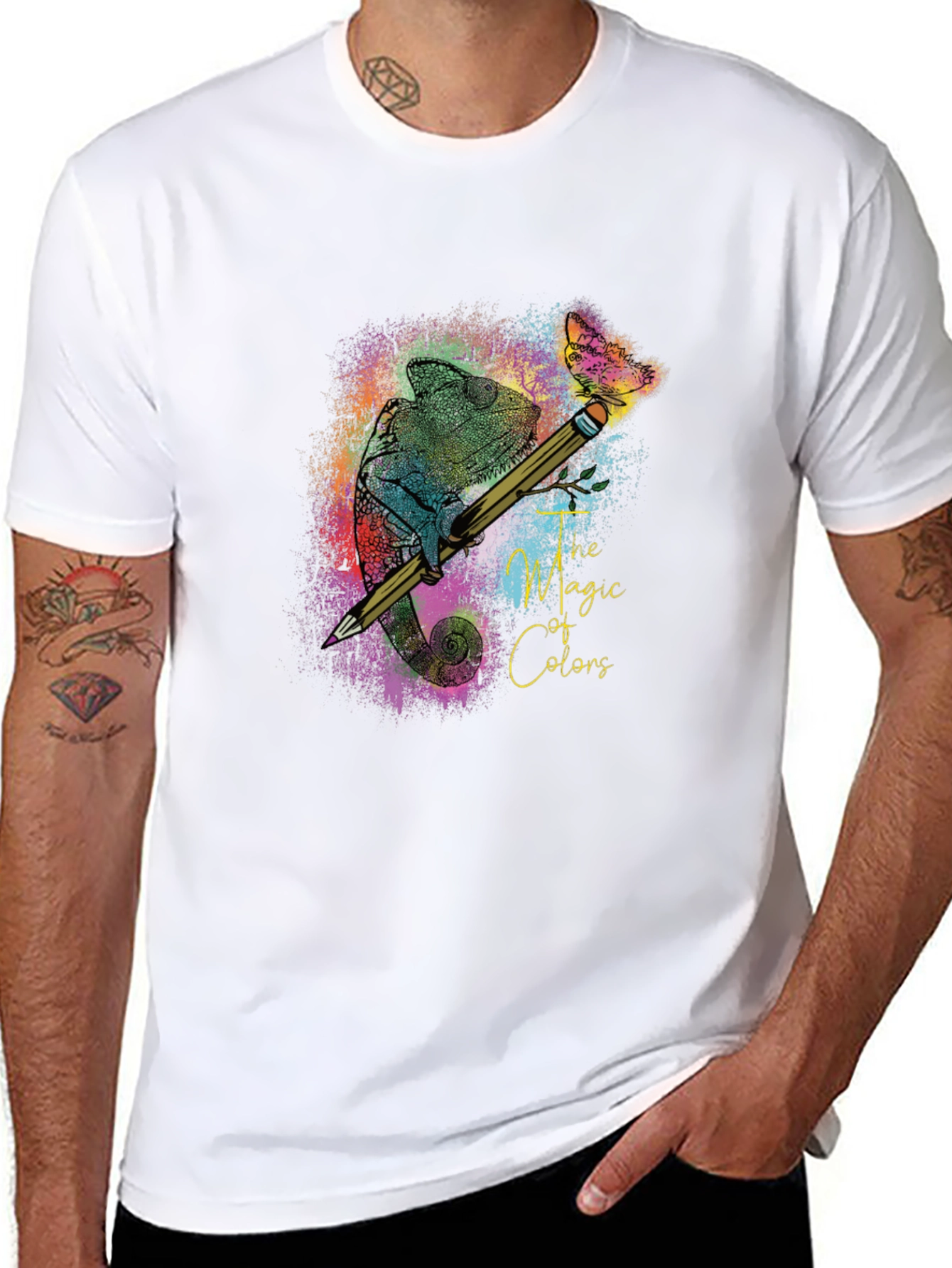 Black The Magic of Colors T-Shirt: Chameleon & Pencil Design view 8
