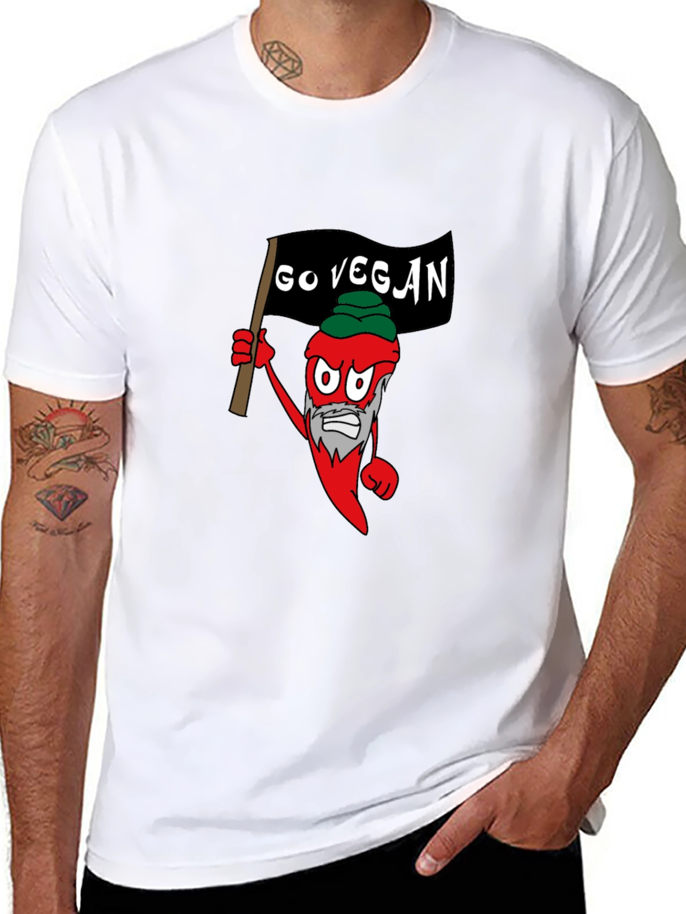 Black Go Vegan T-Shirt - Chili Pepper Cartoon Design view 8