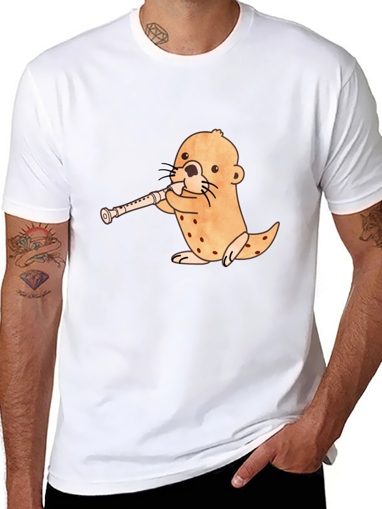 Black Funny Otter Playing Flute Black T-Shirt view 8