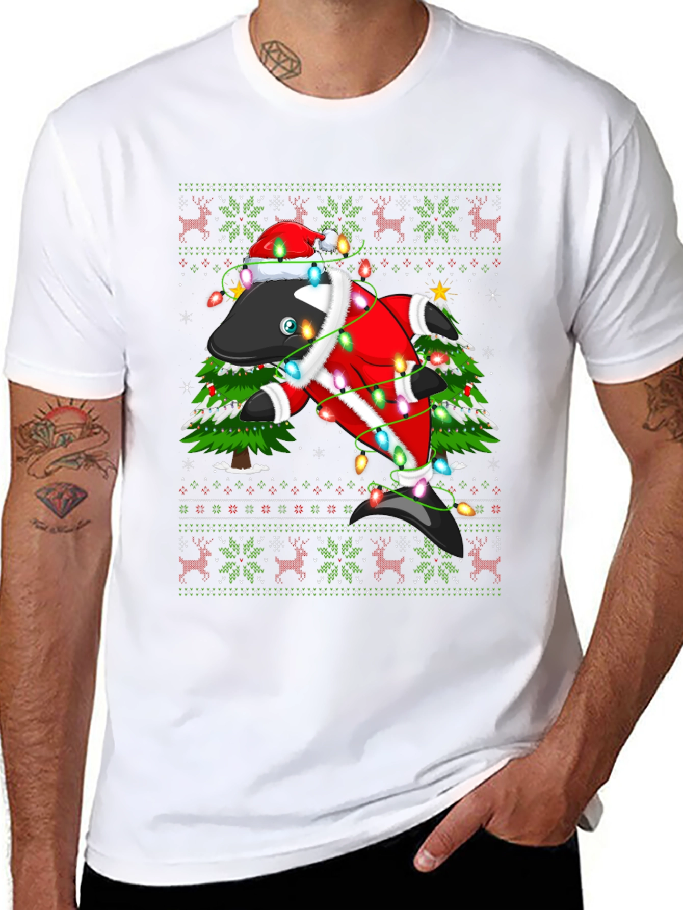 Black Festive Orca Ugly Christmas T-Shirt view 8