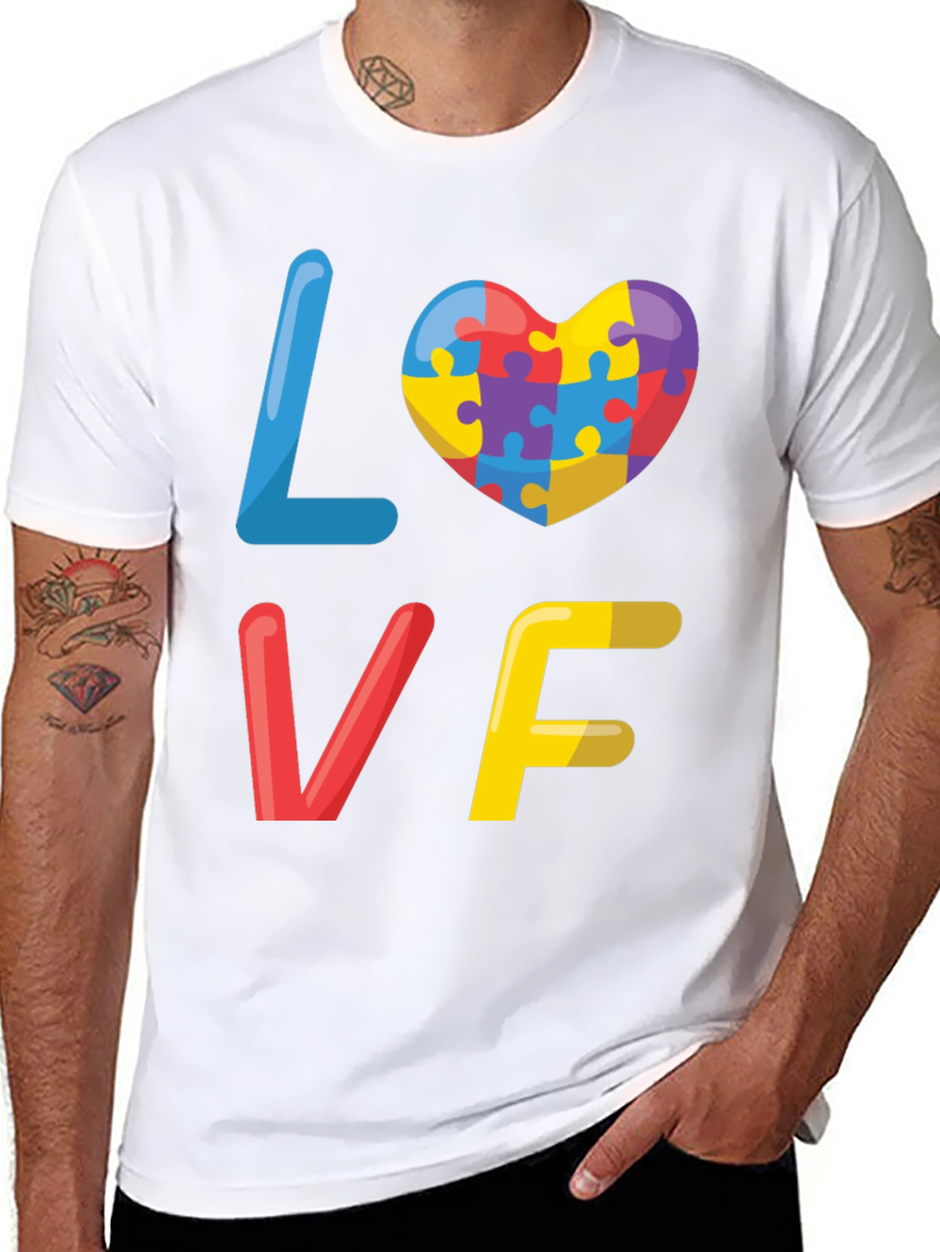Black Autism Awareness Love Puzzle Heart Graphic Tee view 8