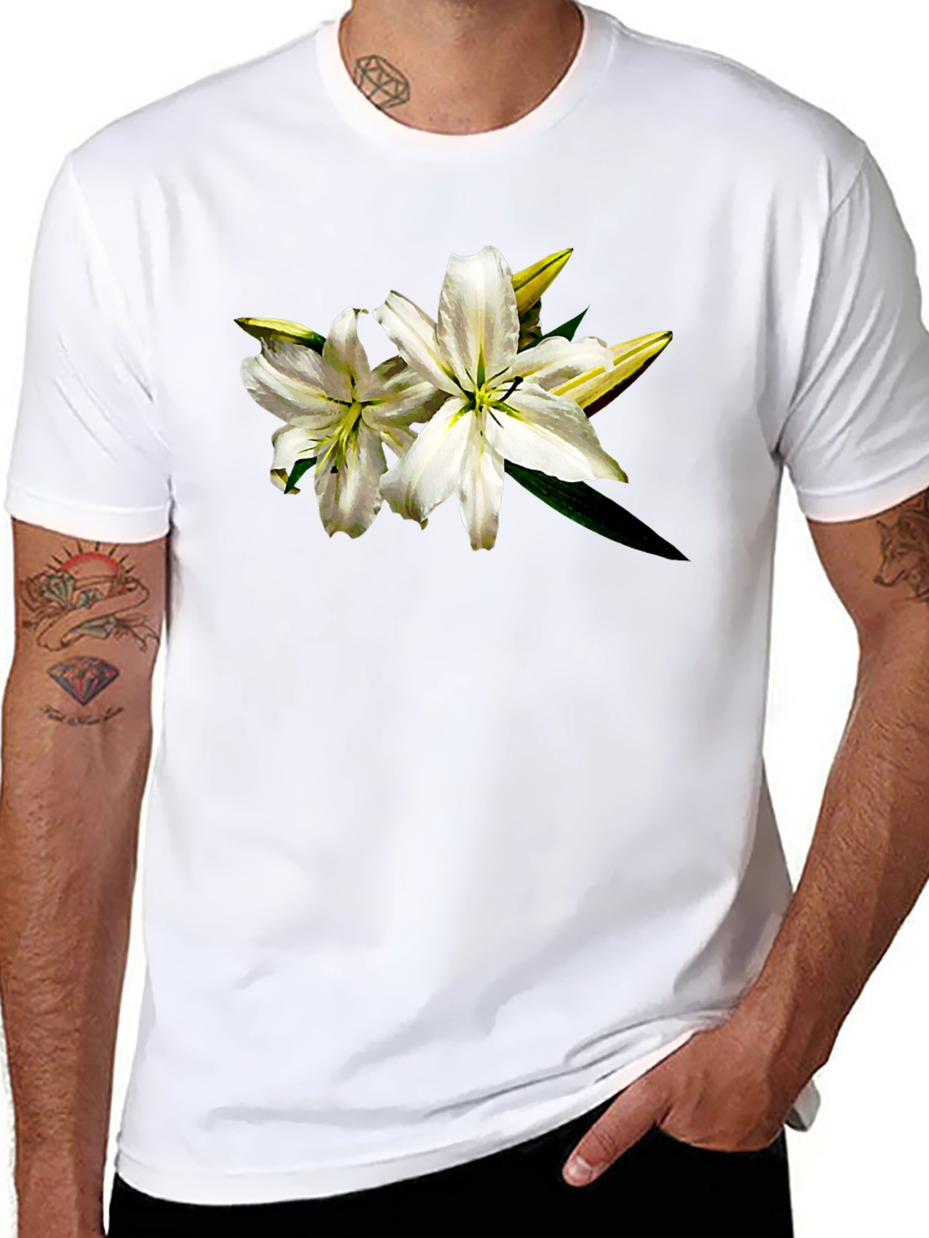 Black White Lily Graphic Tee - Black Cotton T-Shirt view 8