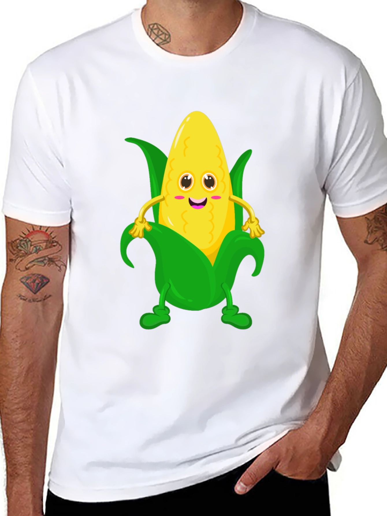 Black Funny Corn Cartoon Graphic Tee - Black Cotton T-Shirt view 8