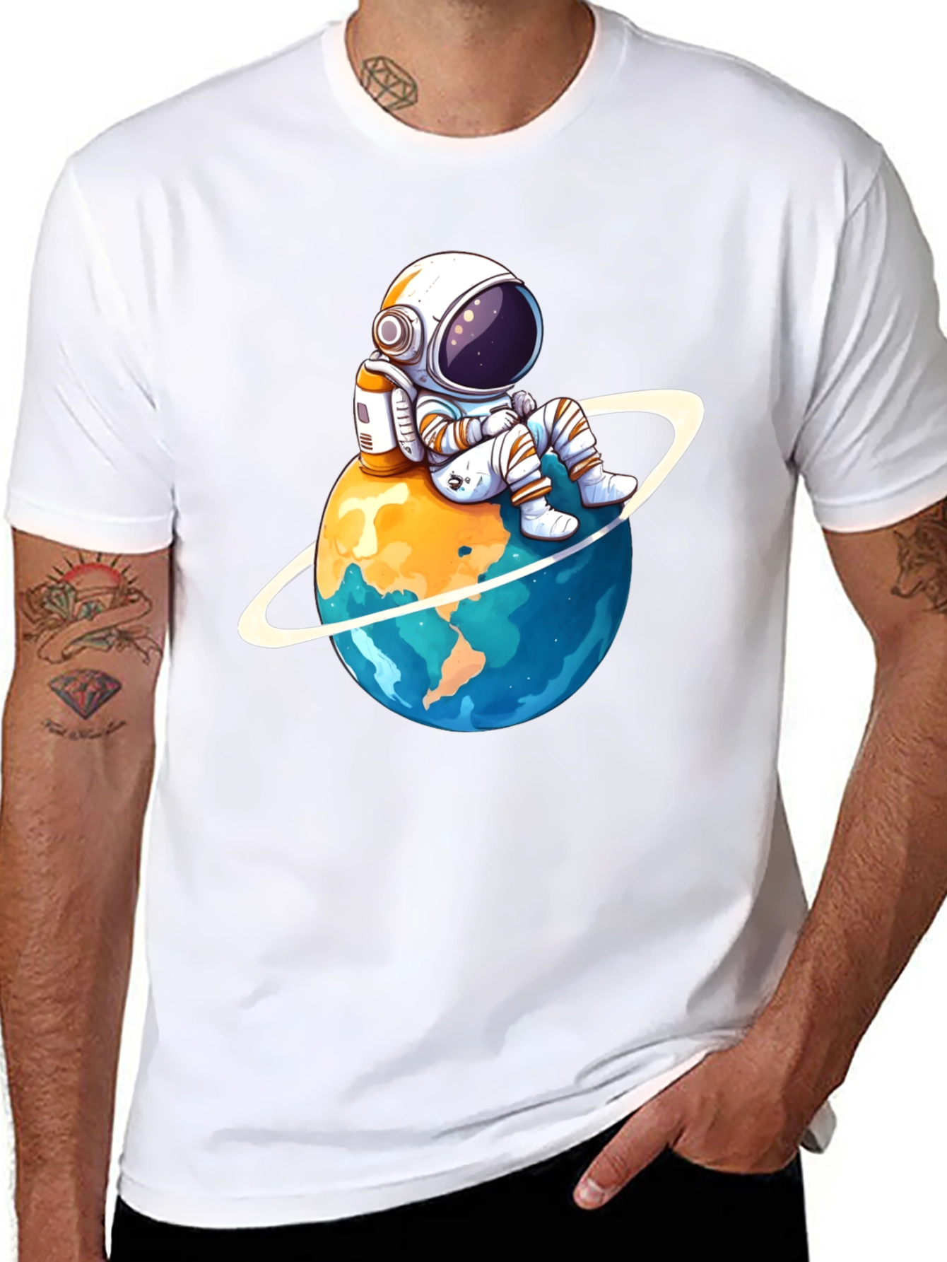 Black Astronaut on Planet T-Shirt - Black Cotton Graphic Tee view 8