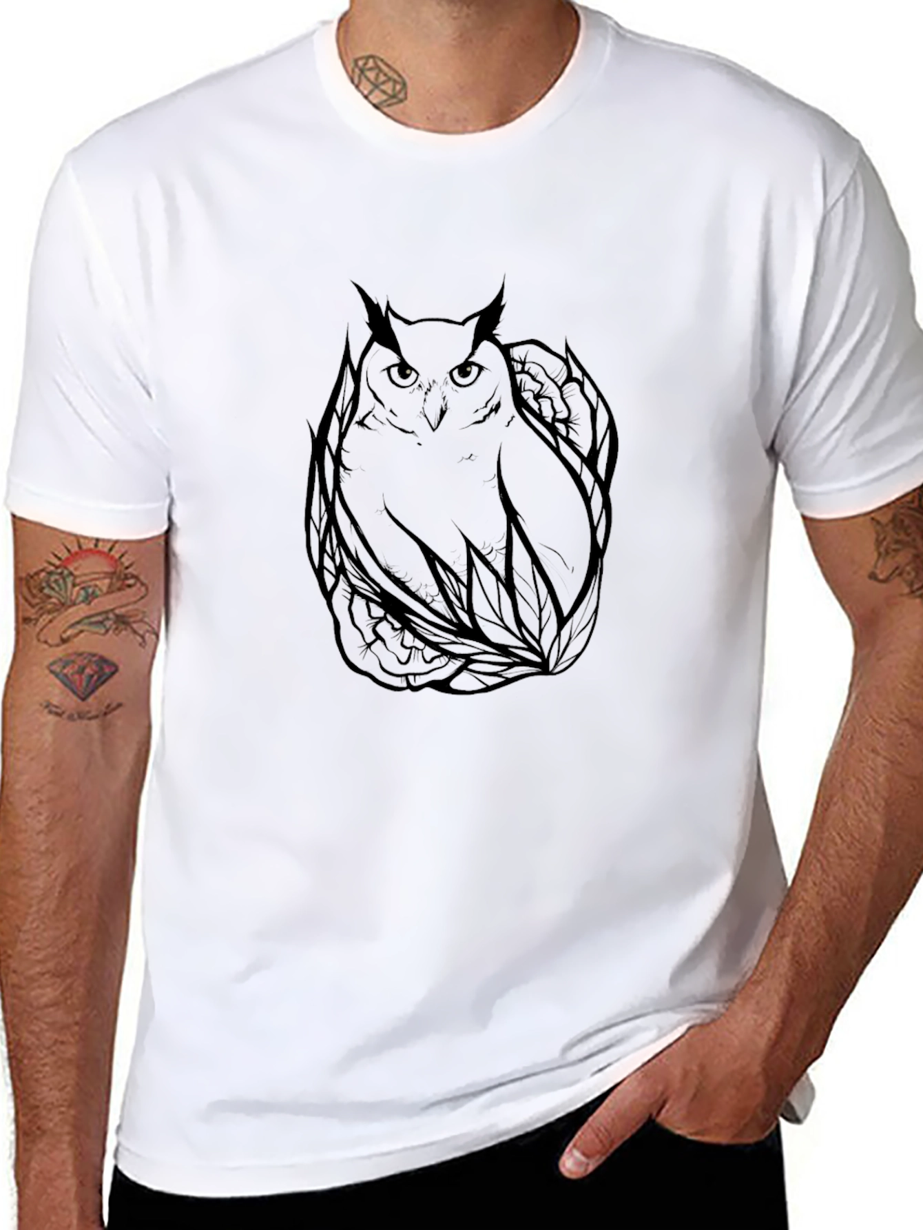 Black Men's Black Owl Graphic Print T-Shirt view 8