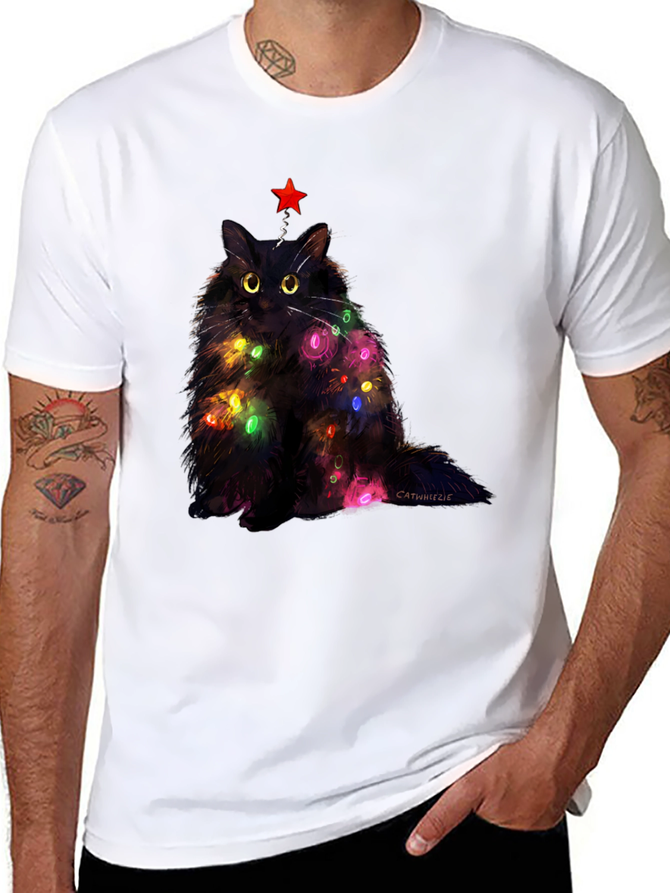 Black Festive Feline T-Shirt: Christmas Cat with Lights view 8