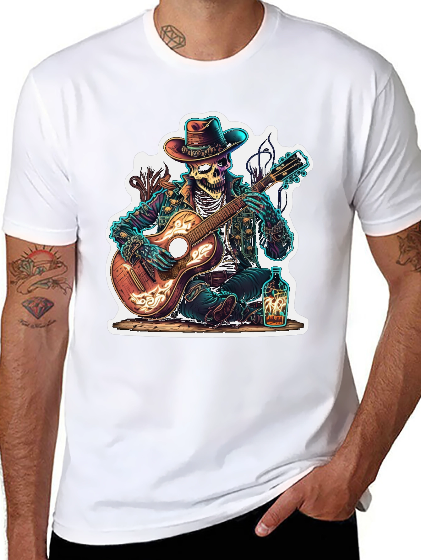 Black Skeleton Cowboy Guitarist Graphic Tee view 8