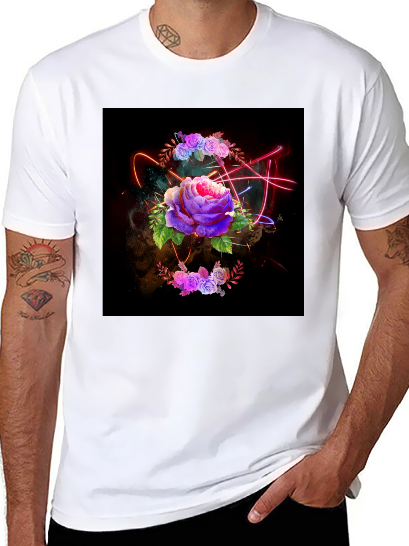 Black Floral Neon T-Shirt - Artistic Dark Design view 8