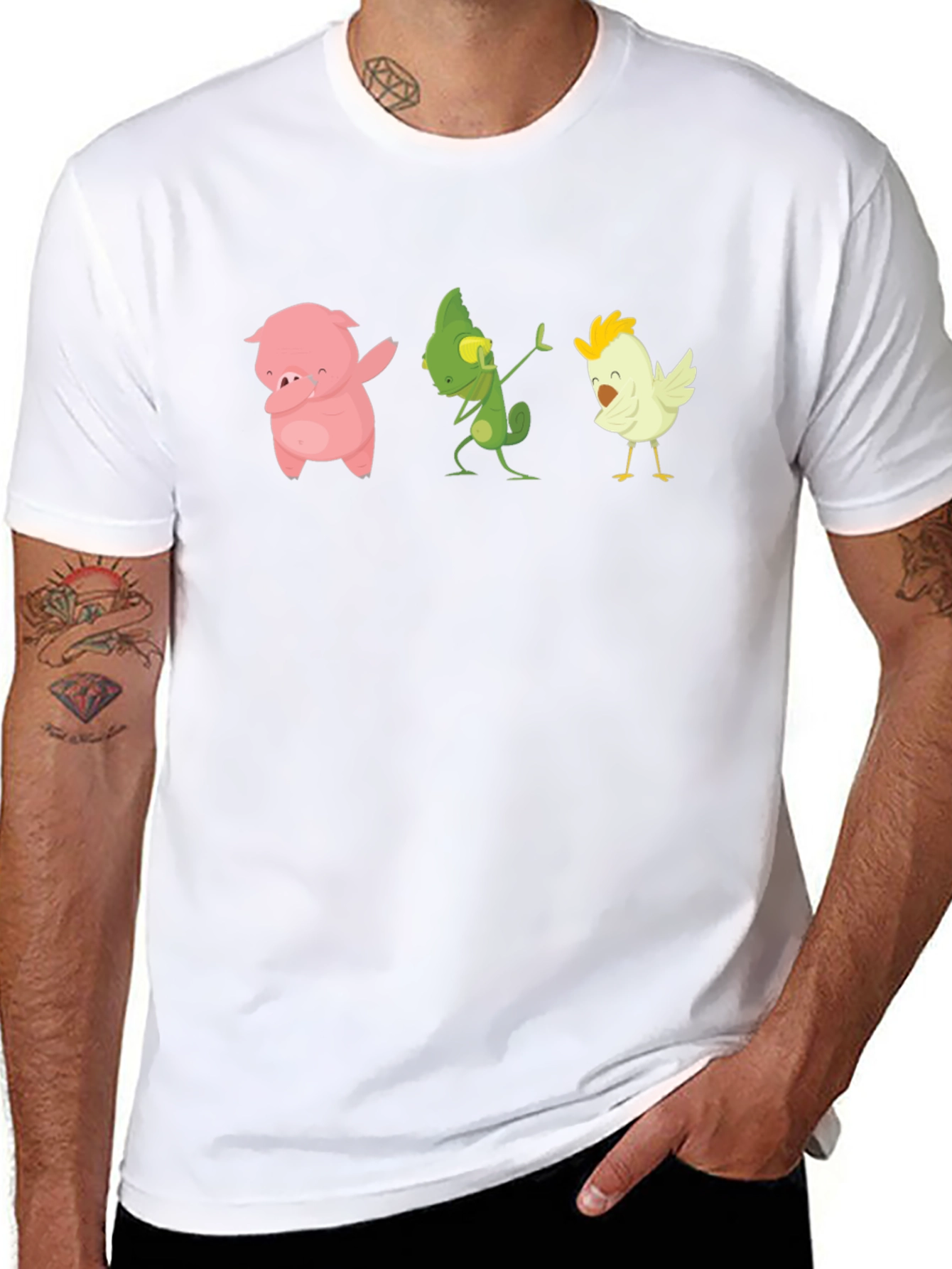 Black Dabbing Animal T-Shirt: Pig, Lizard, Chicken view 8