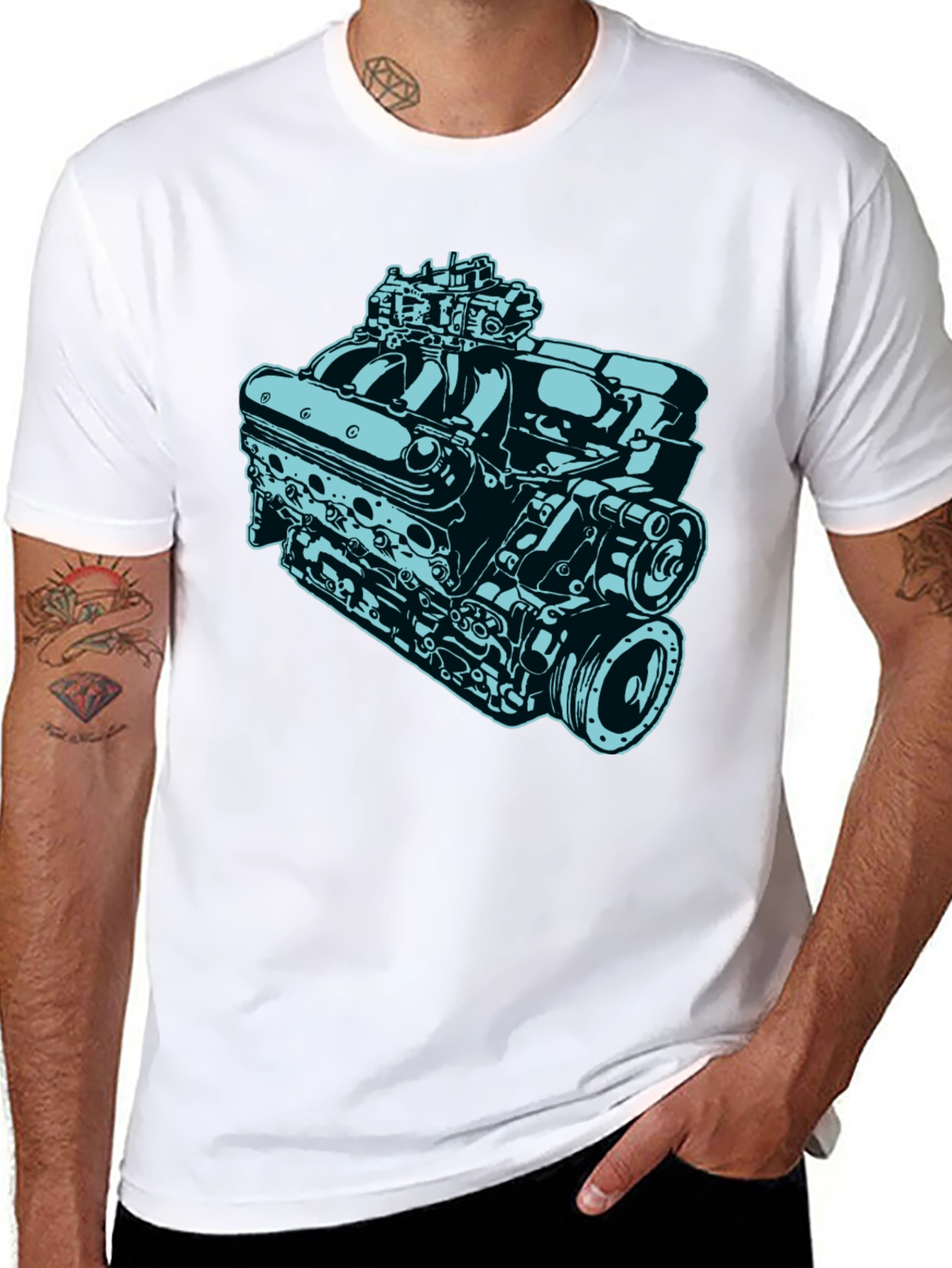 Black Car Engine Graphic Tee - Black Cotton Short Sleeve Shirt view 8