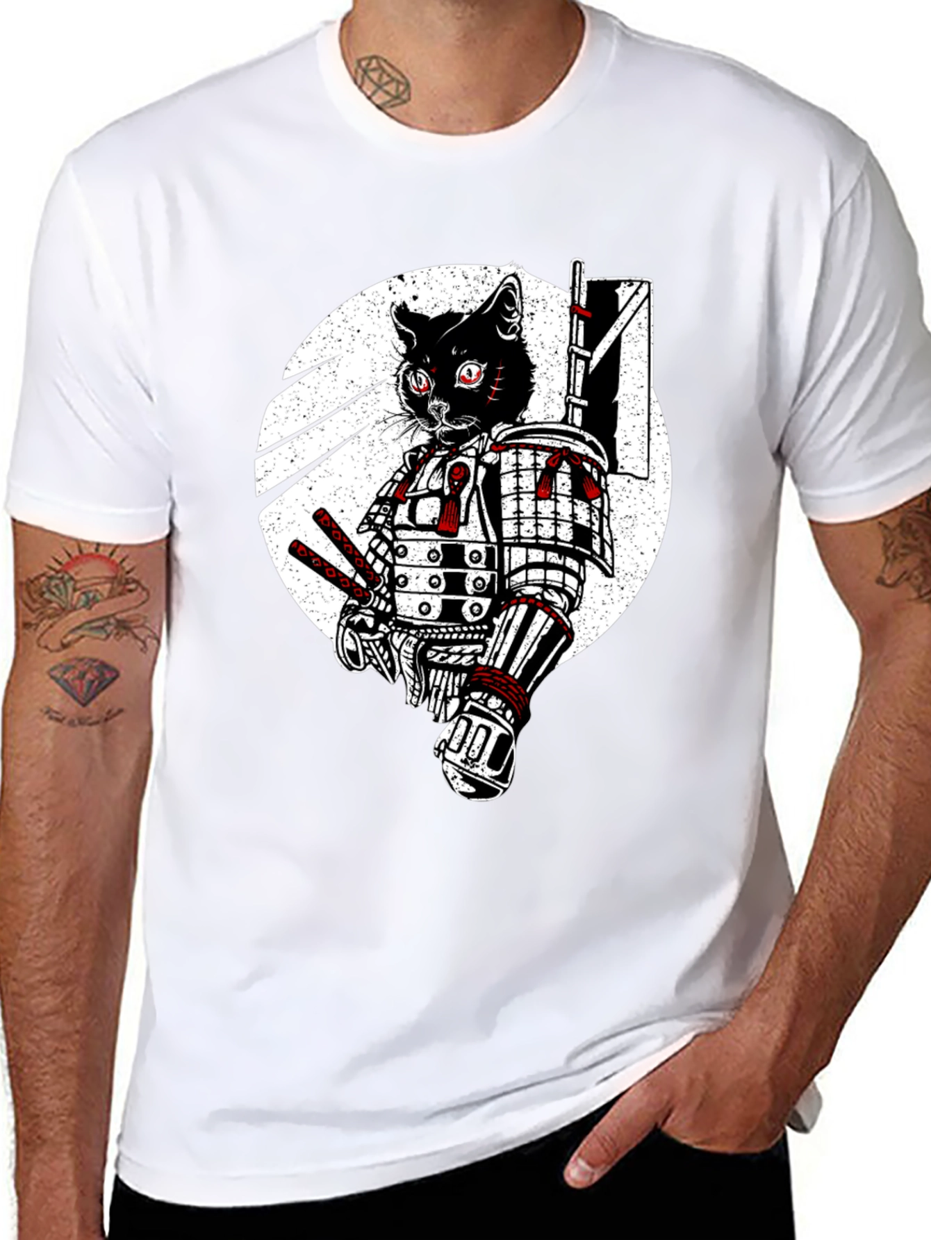Black Samurai Cat Graphic Tee - Black Cotton T-Shirt view 8