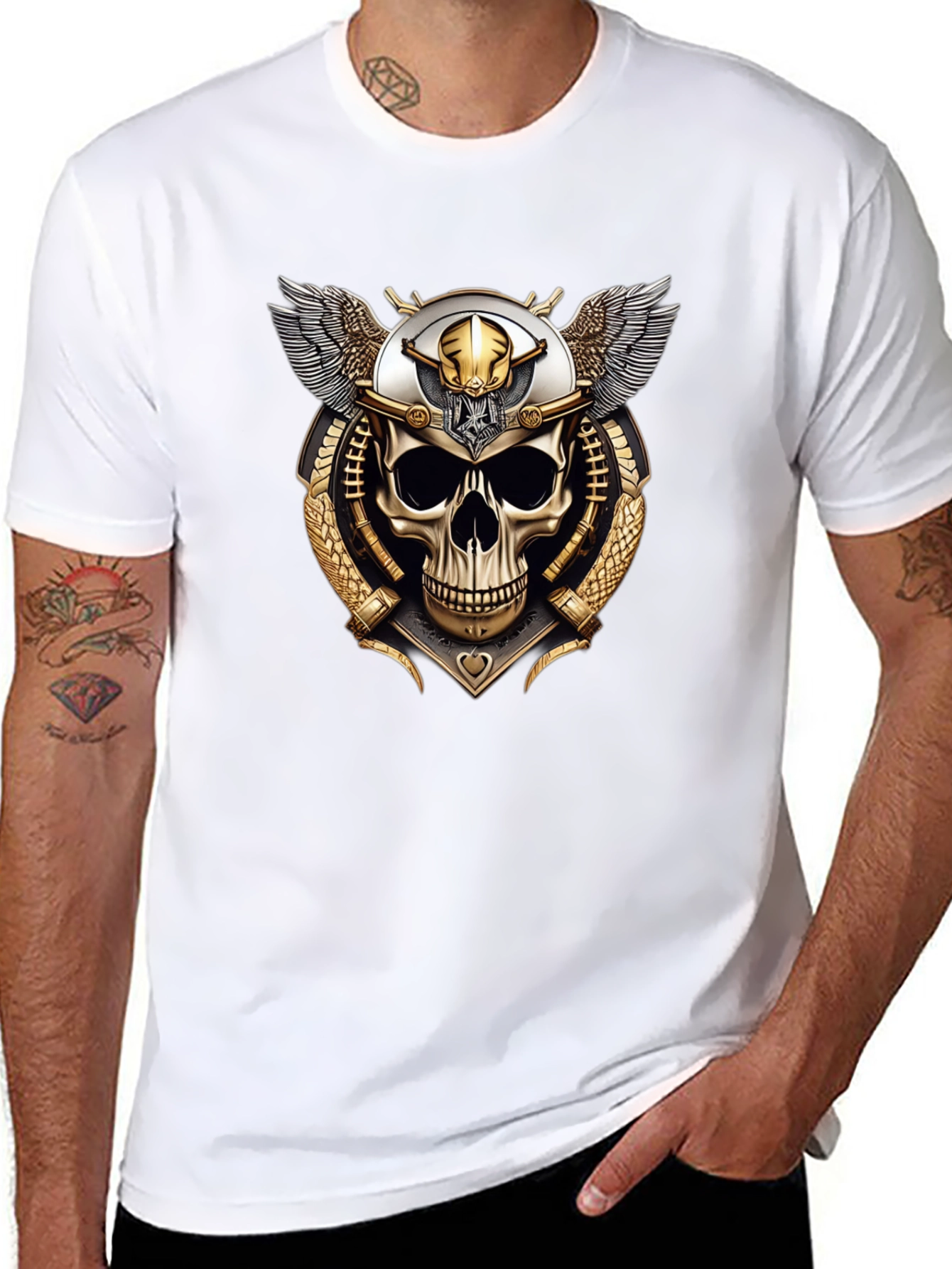 Black Skull & Wings Graphic Tee - Black Crew Neck T-Shirt view 8