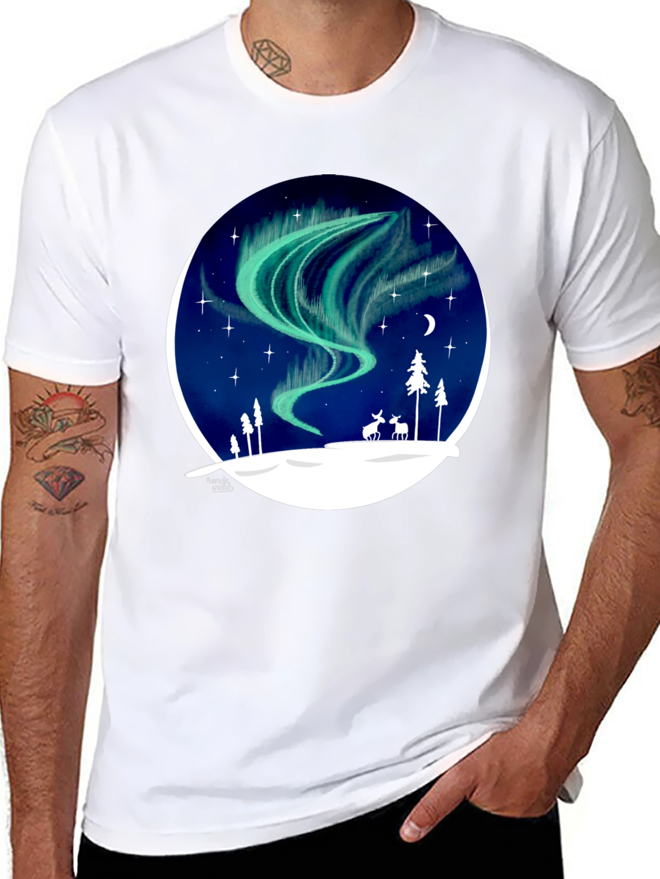 Black Northern Lights T-Shirt: Unique Winter Scene Design view 8