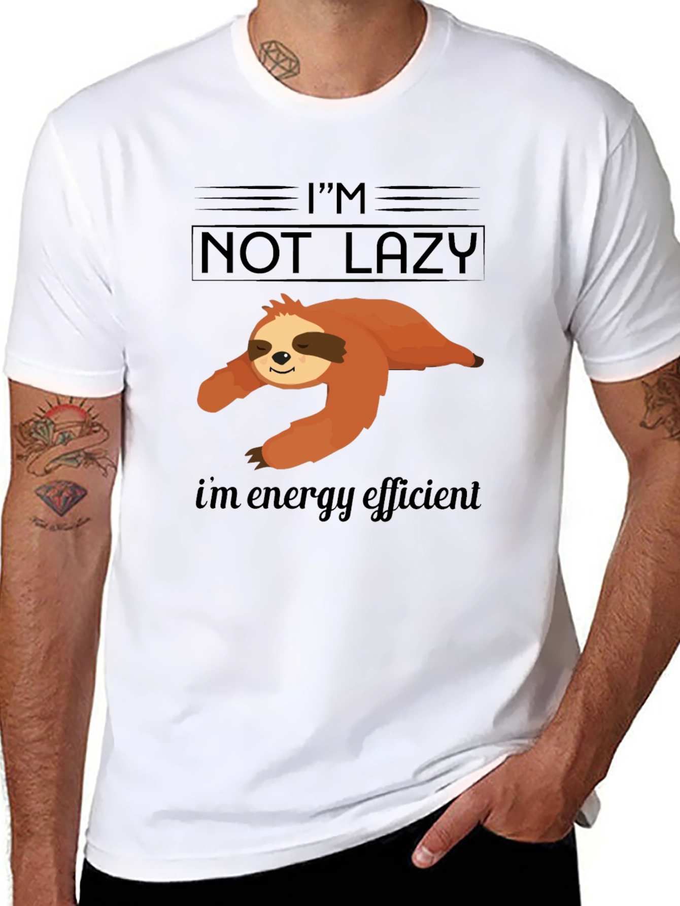 Black I'm Not Lazy Energy Efficient Sloth Graphic T-Shirt view 8