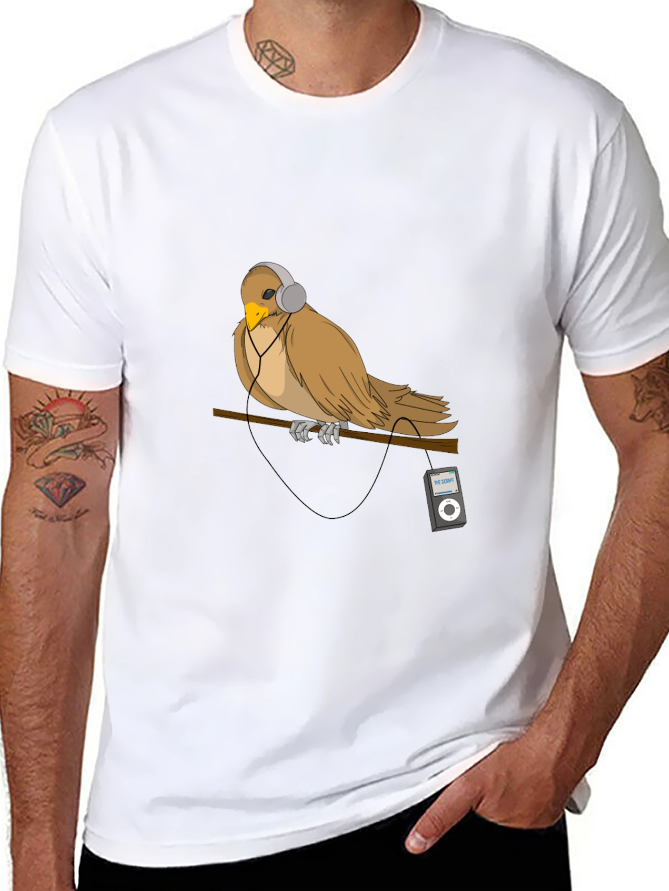 Black Bird with Headphones Graphic T-Shirt view 8