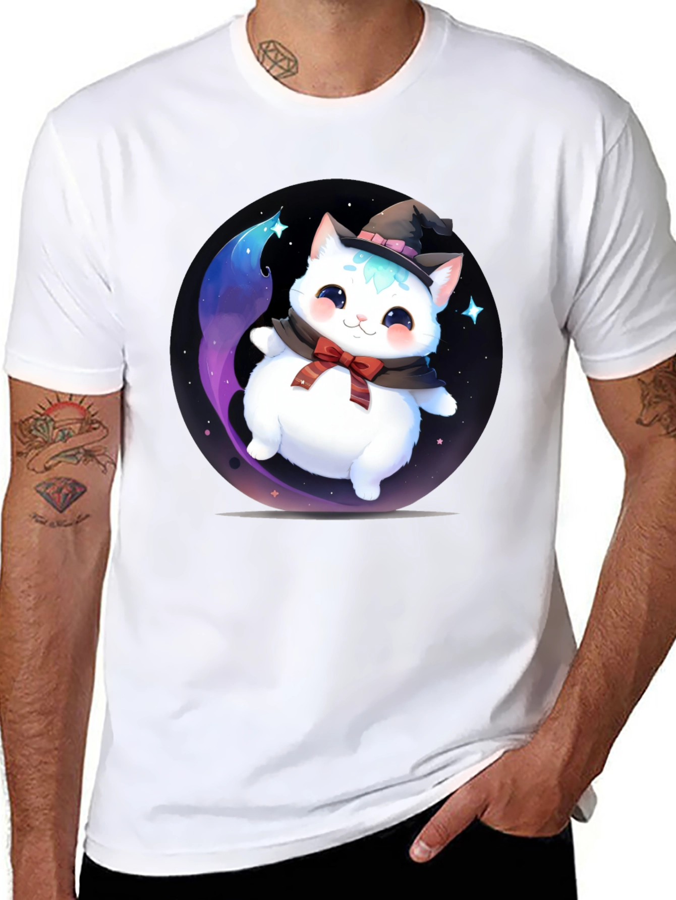 Black Cute Cat Wizard Graphic Tee - Soft Cotton Blend T-Shirt view 8