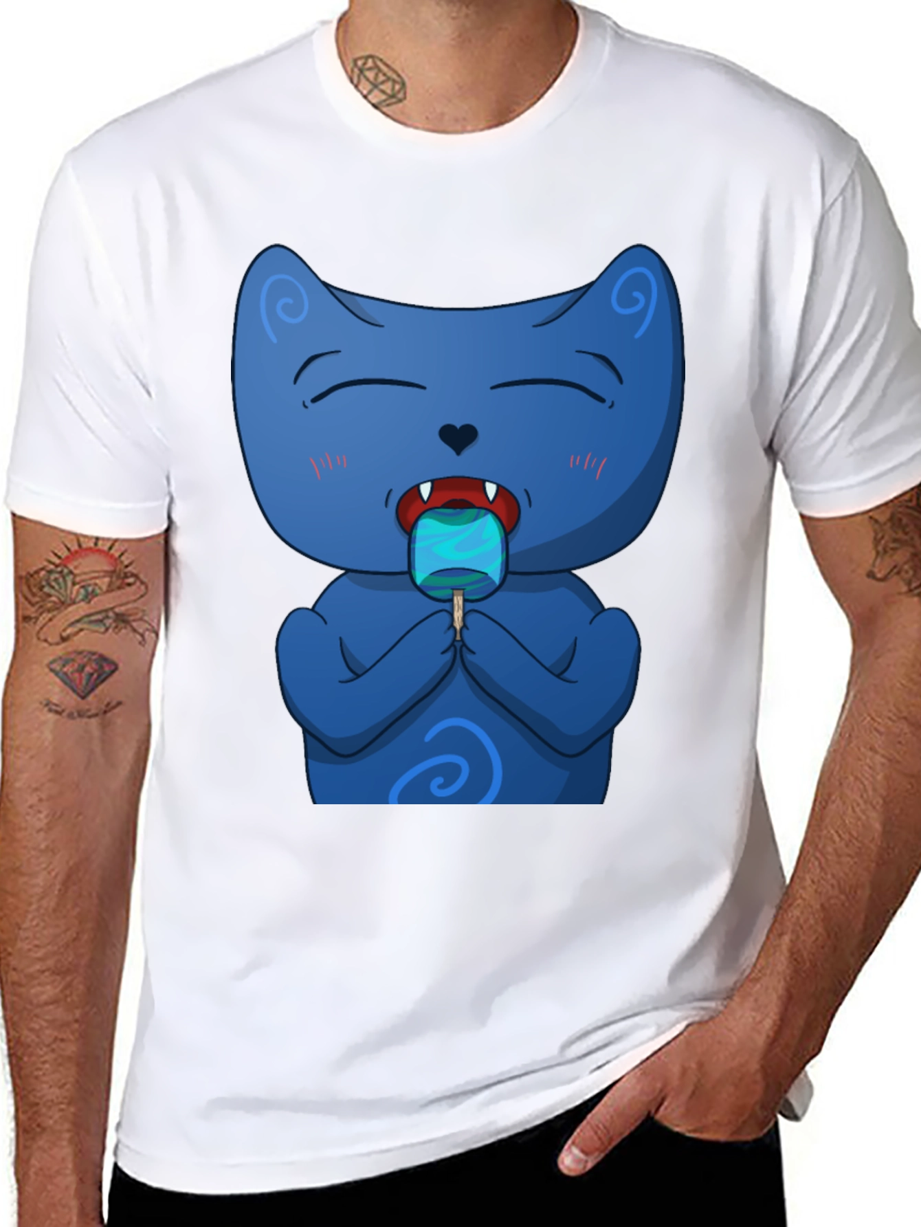 Black Cool Cat Licking Popsicle Black T-Shirt view 8