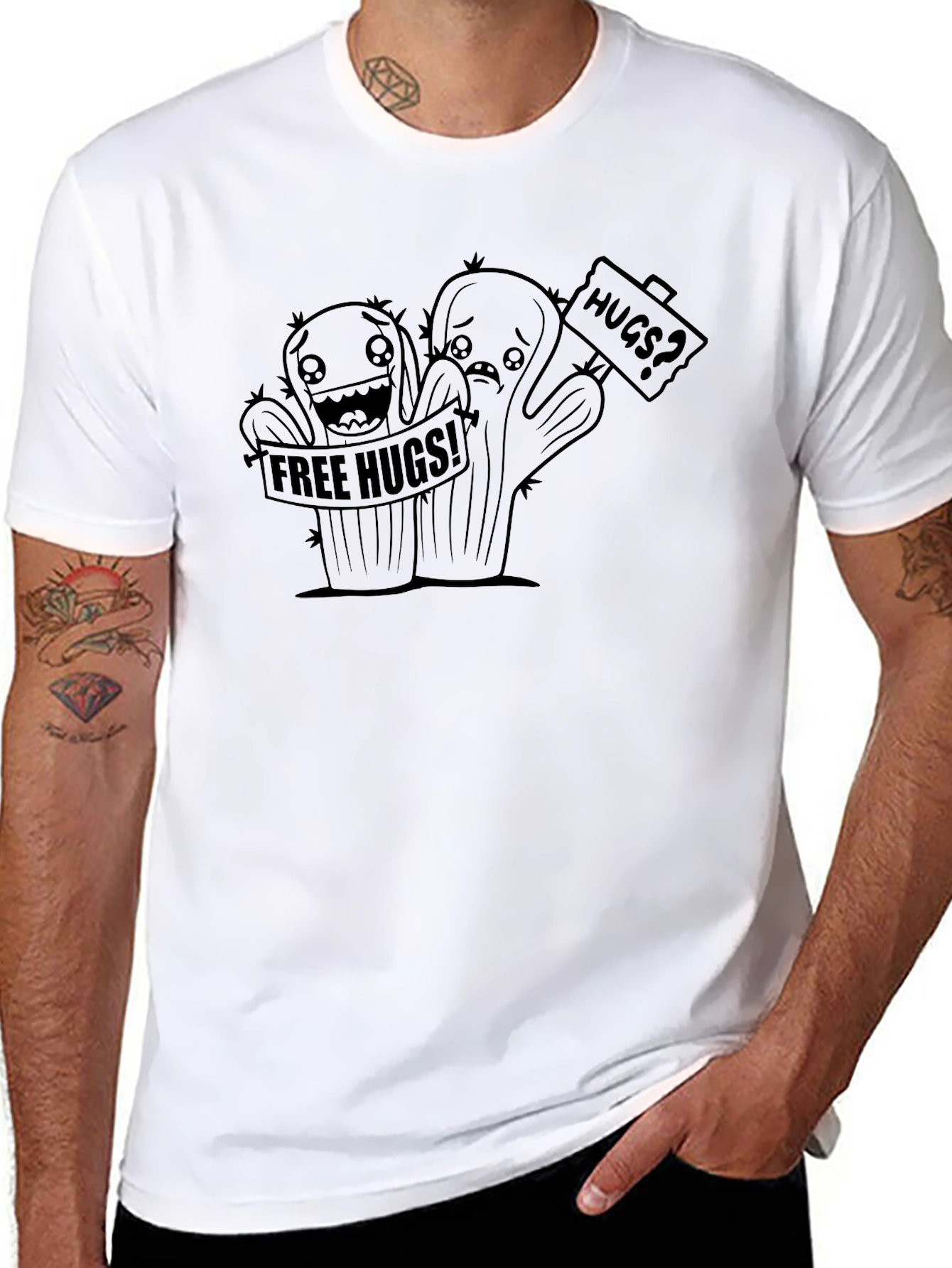 Black Free Hugs Cactus Graphic Black T-Shirt view 8