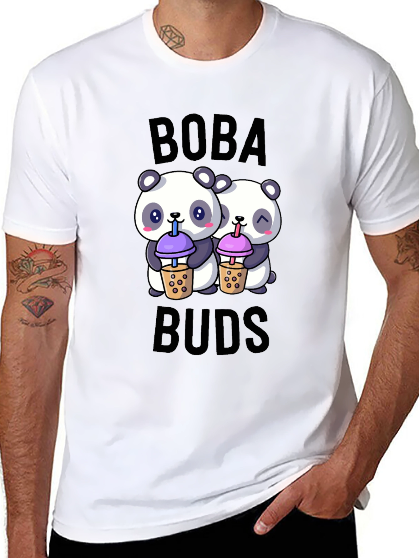 Black Boba Buds Panda T-Shirt: Cute Bubble Tea Lover Tee view 8
