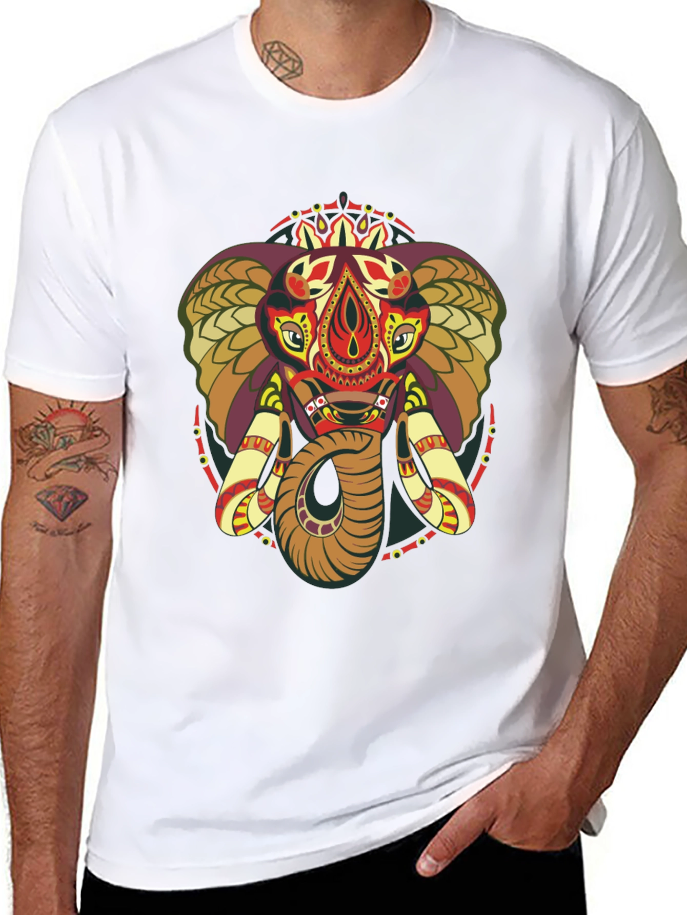 Black Elephant Mandala Graphic Print Crew Neck Tee view 8