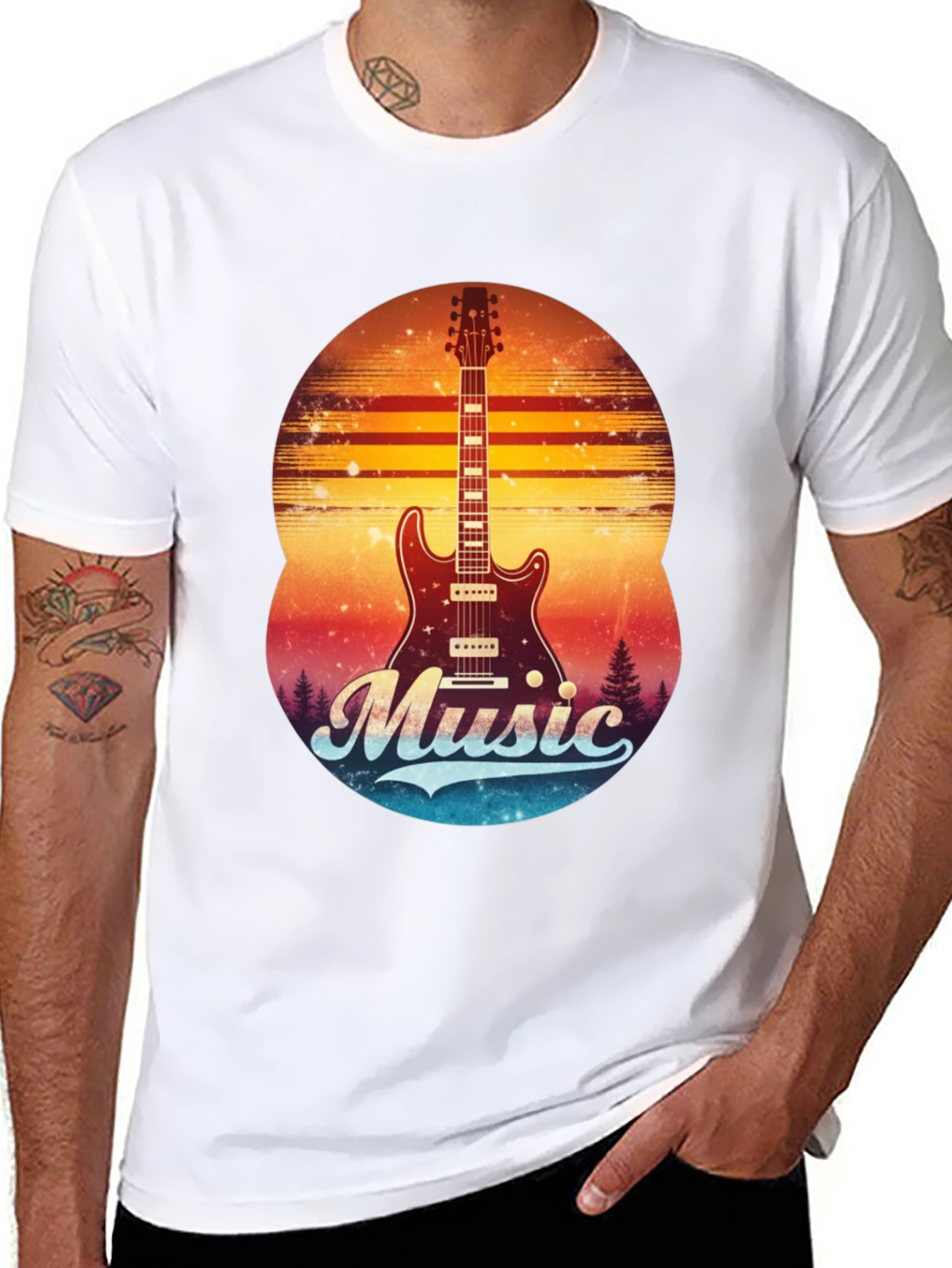 Black Retro Guitar Music T-Shirt view 8
