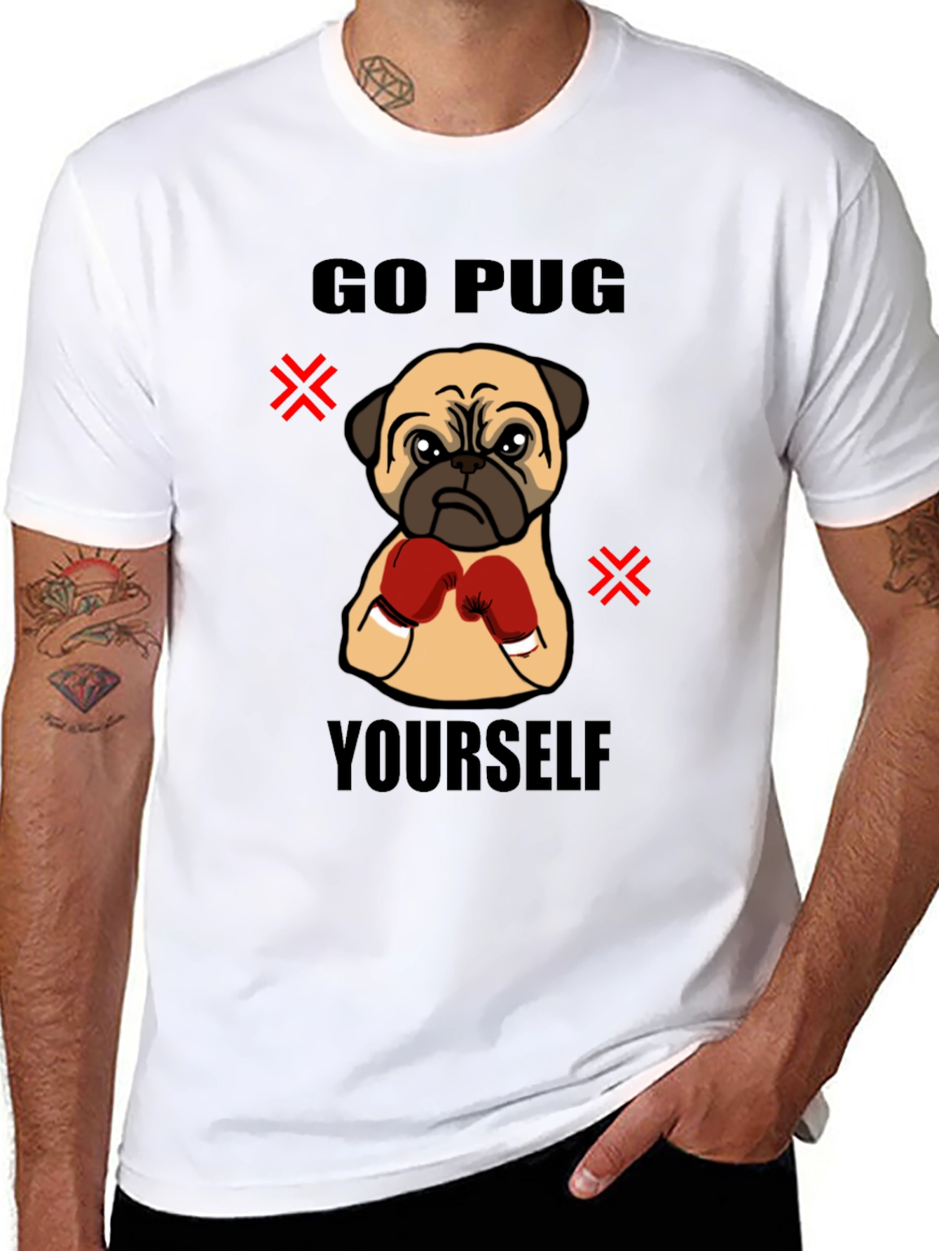 Black Go Pug Yourself Funny Boxing Pug Graphic T-Shirt view 8