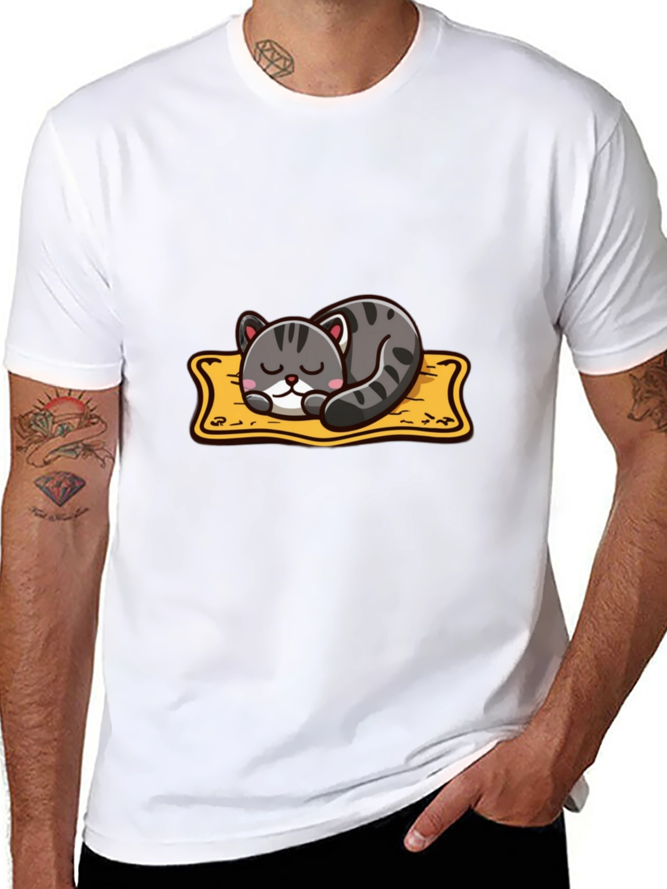 Black Cute Cartoon Cat Nap T-Shirt - Black view 8