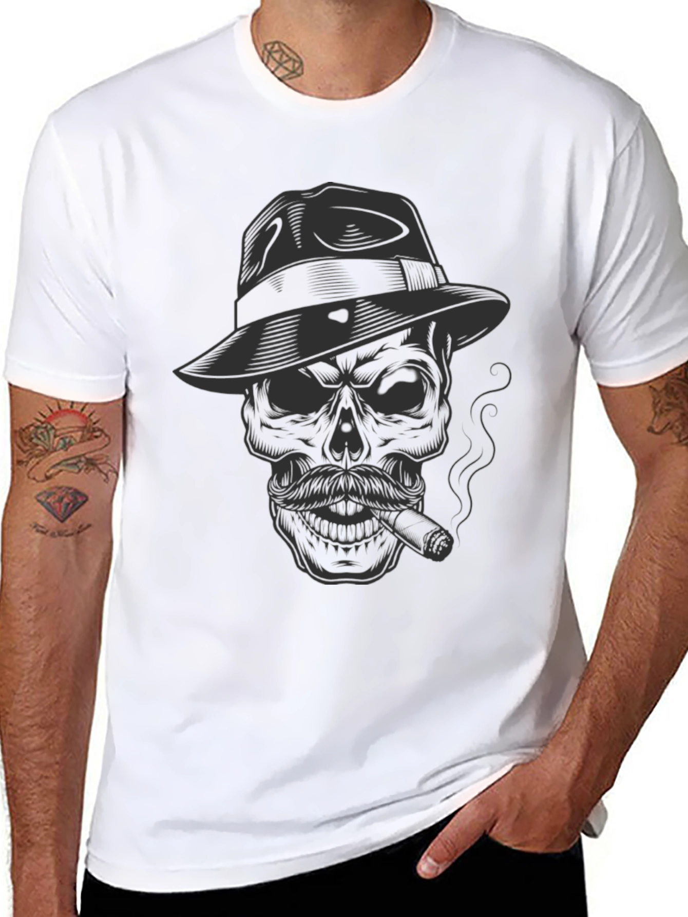 Black Skull Fedora Cigar T-Shirt - Dark Humor Graphic Tee view 8