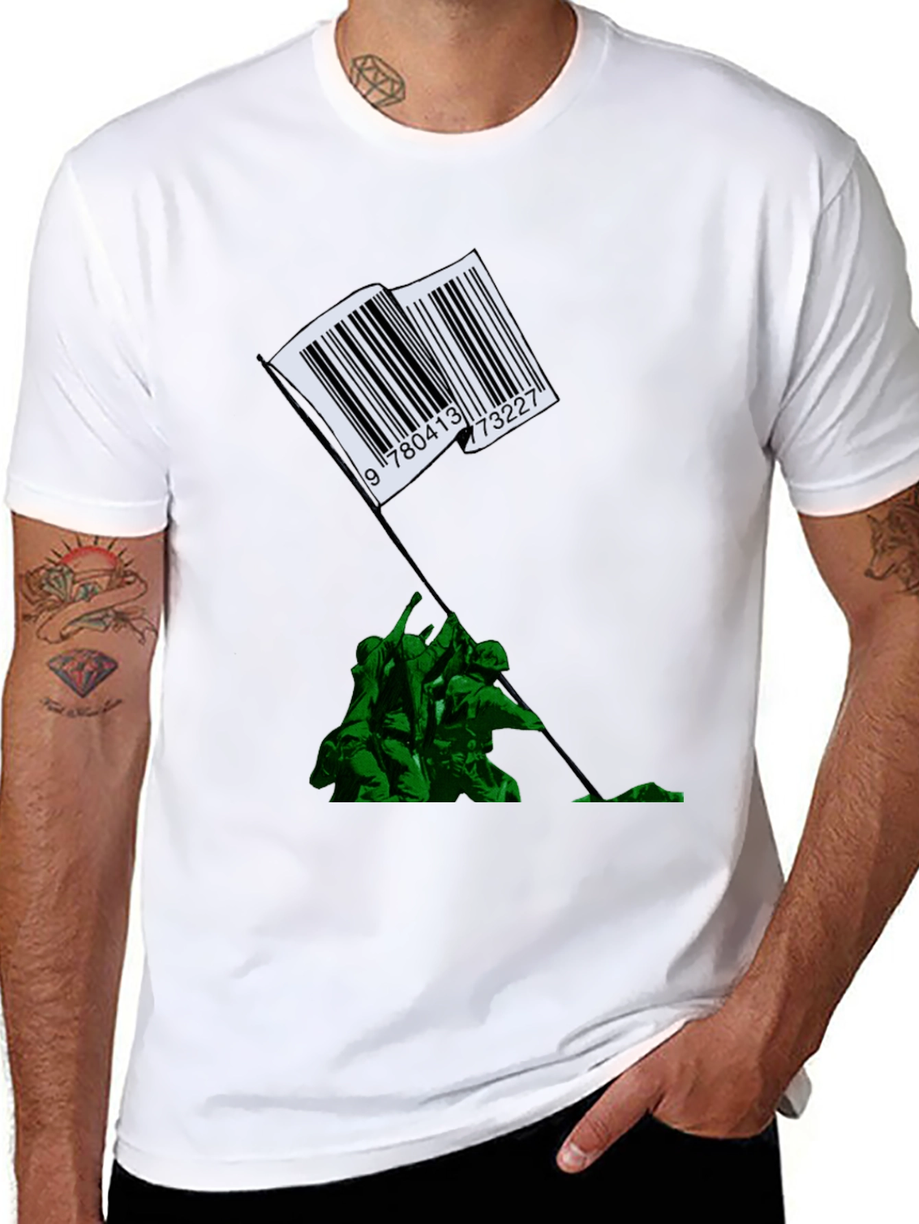 Black Barcode Flag Raising Graphic T-Shirt view 8