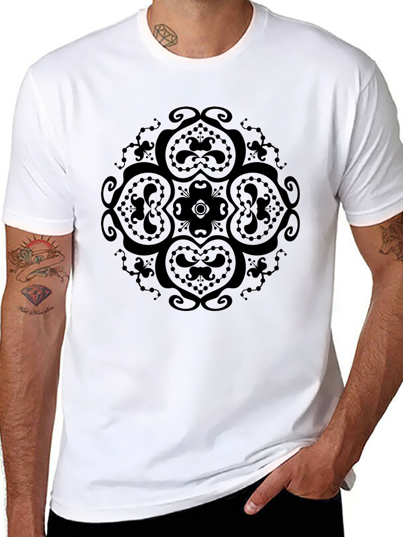 Black Men's Black T-Shirt with Intricate Floral Design view 8