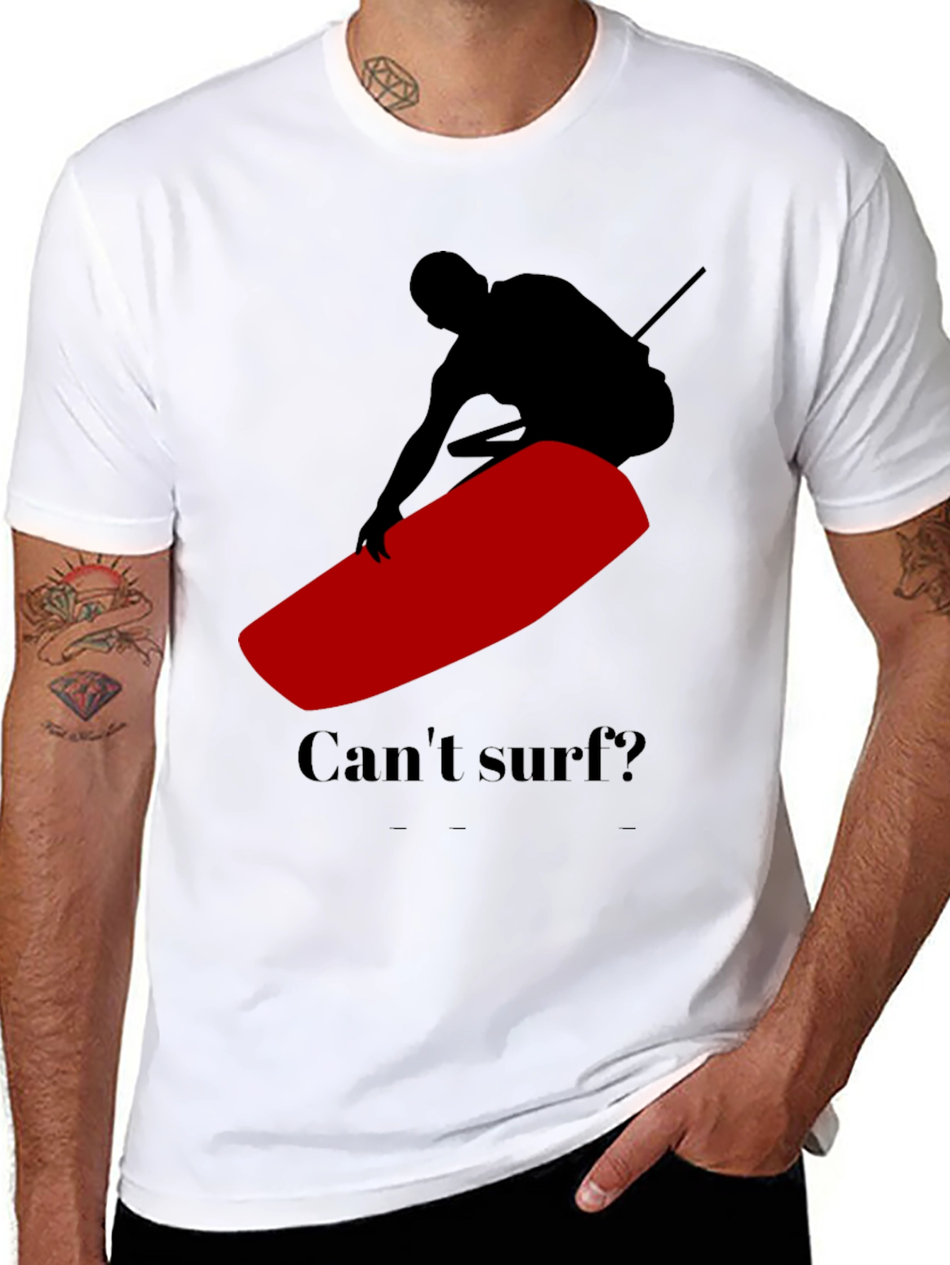 Black Can't Surf Black T-Shirt with Red Surfboard Graphic view 8