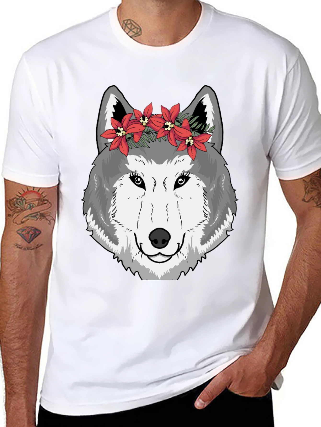 Black Wolf Floral Crown Graphic Tee - Cool Casual Style view 8