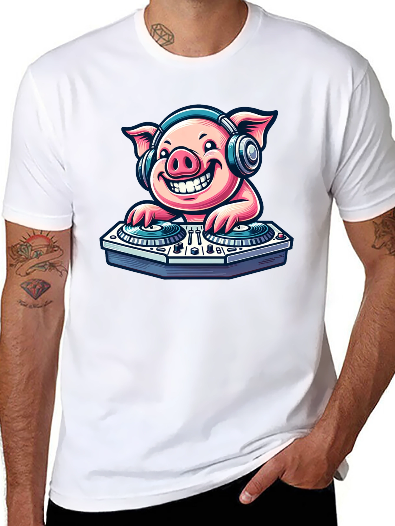 Black DJ Pig Graphic Tee - Cool Cartoon Pig T-Shirt view 8