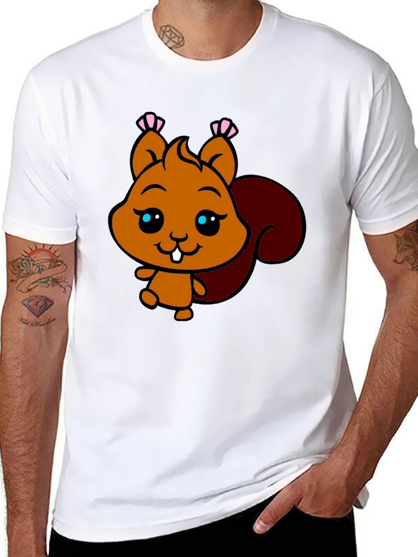 Black Cute Squirrel Graphic Tee - Black Cotton T-Shirt view 8