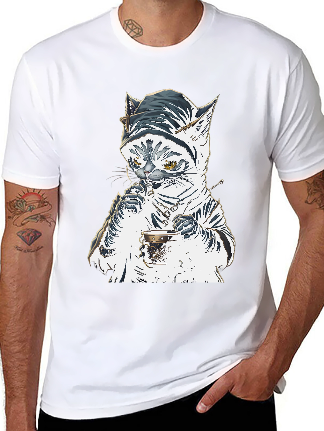 Black Cat T-Shirt: Sophisticated Feline Tea Time view 8