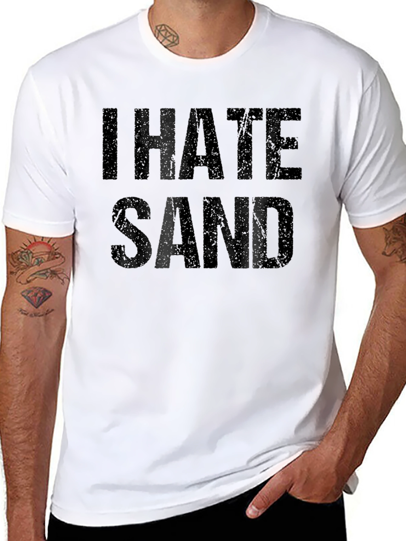 Black I Hate Sand Distressed Graphic T-Shirt view 8