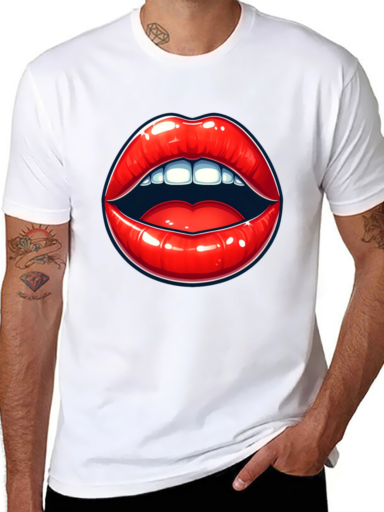 Black Bold Lips Graphic Tee - Black Cotton T-Shirt view 8
