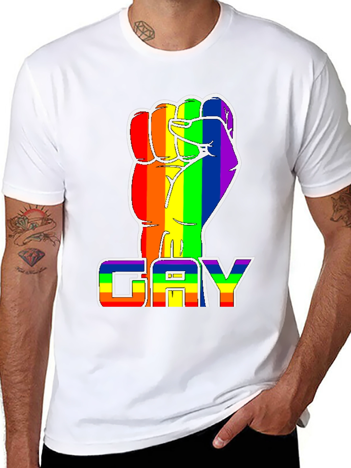 Black Rainbow Fist 'GAY' Pride T-Shirt - Black Cotton Blend Tee view 8