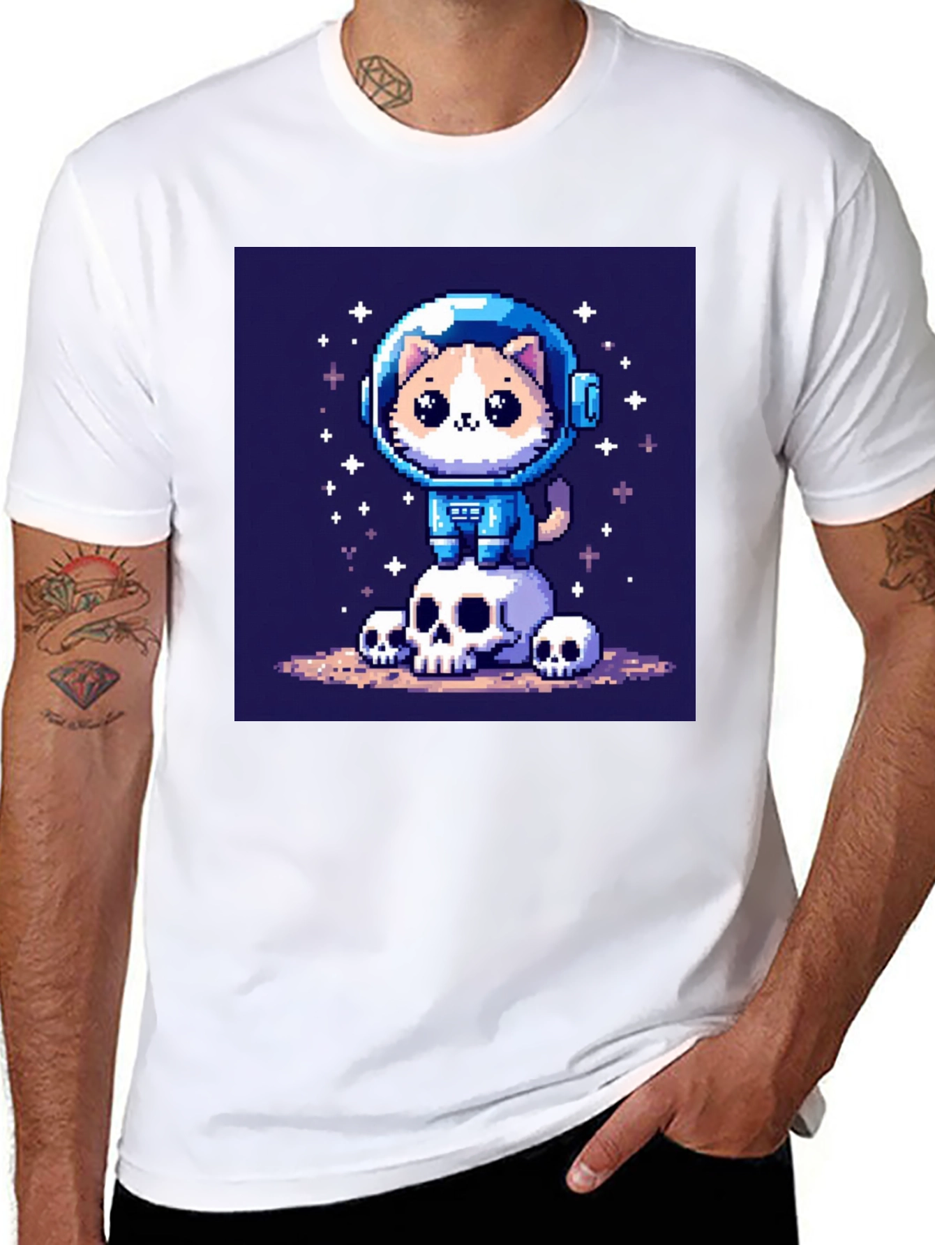 Black Pixel Cat Astronaut T-Shirt - Space Kitty Tee view 8