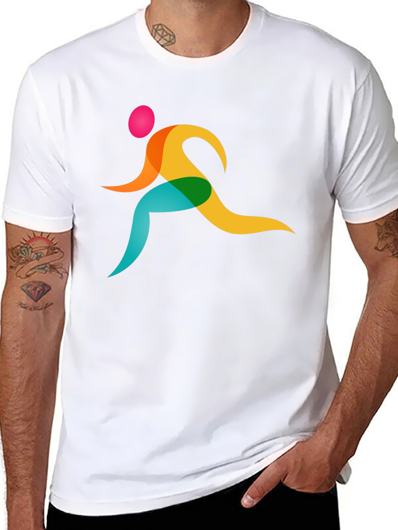 Black Men's Black T-Shirt with Colorful Runner Design view 8