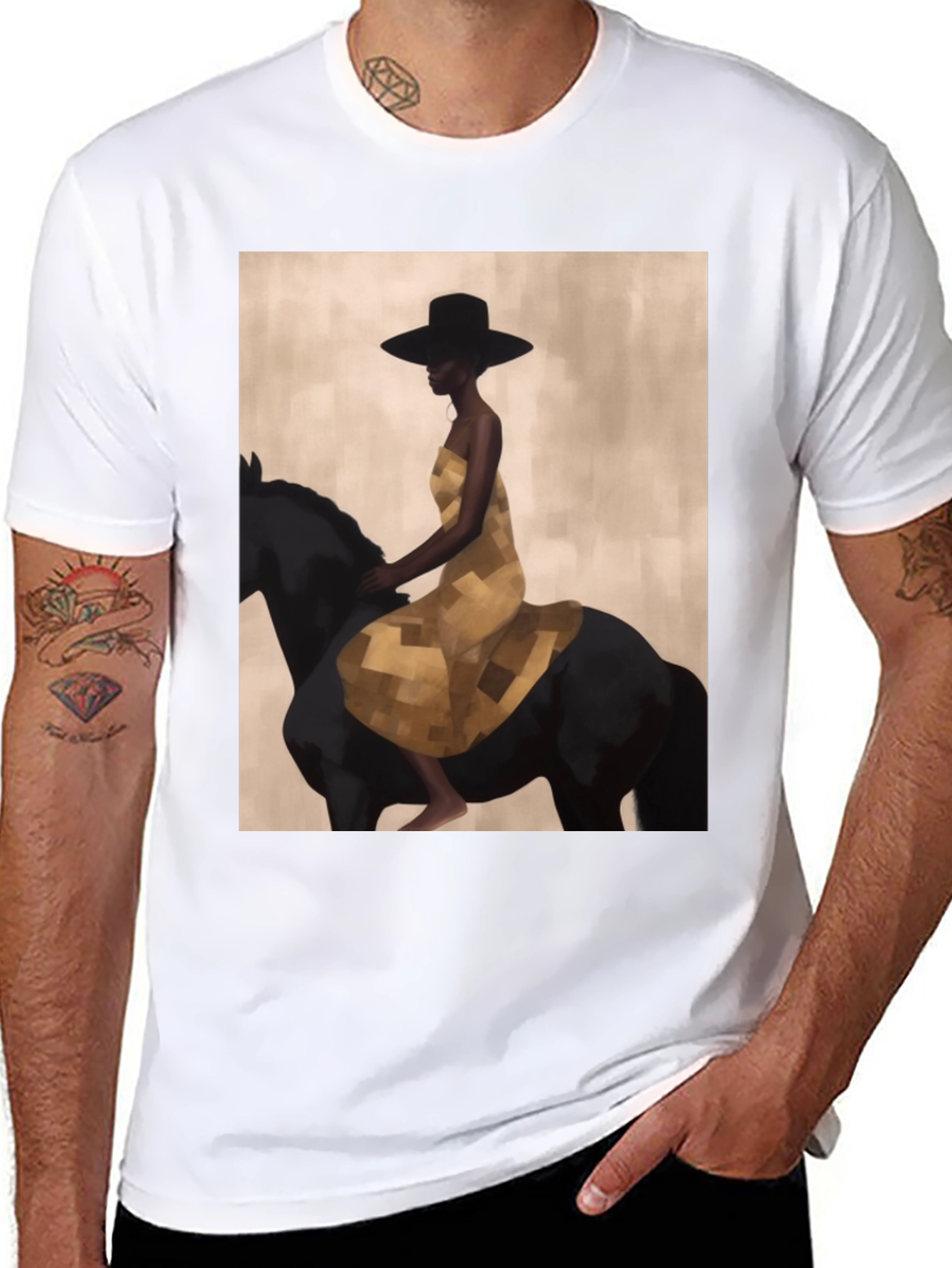 Black Black T-Shirt with Woman Riding Horse Design view 8