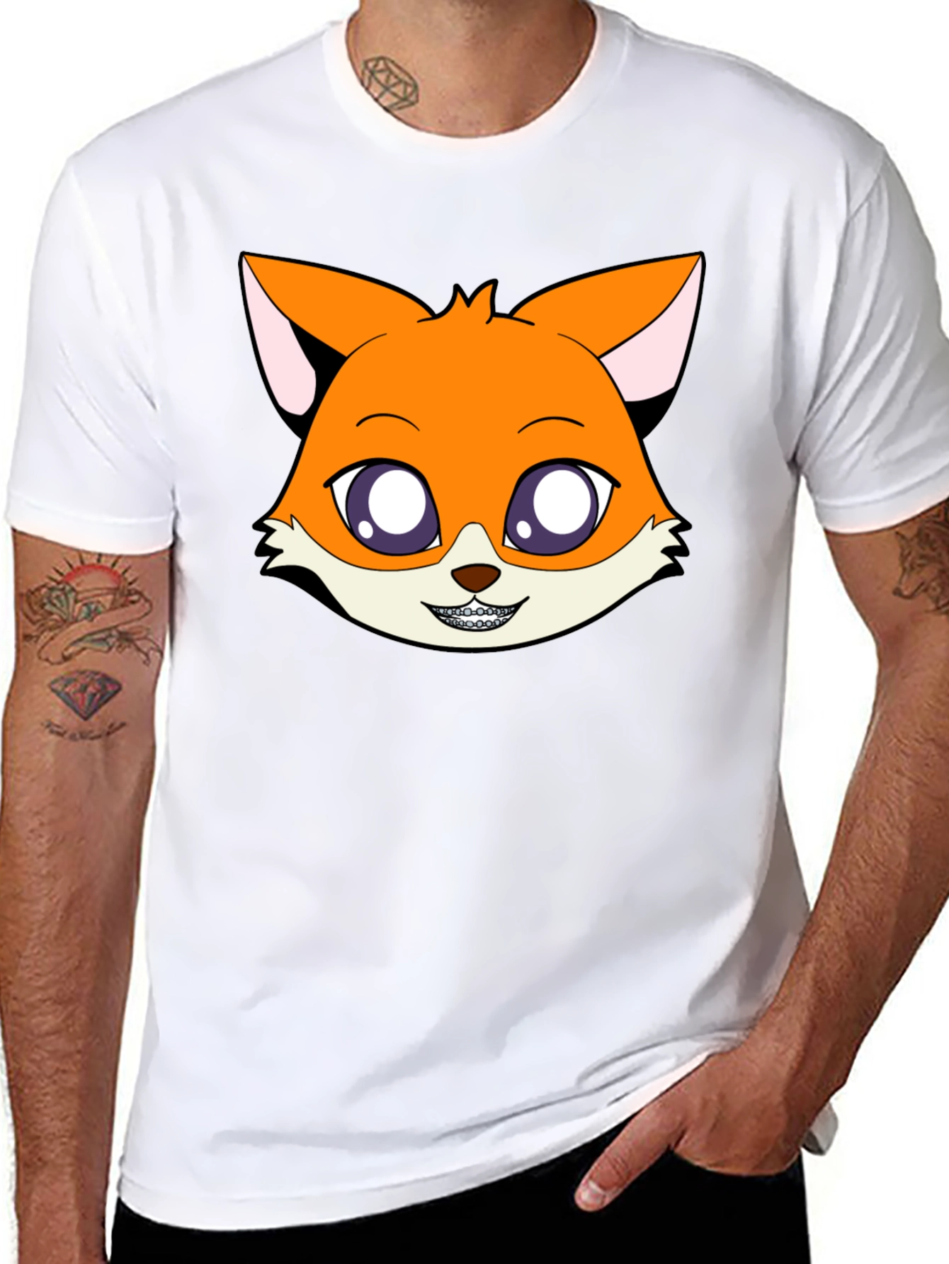 Black Cartoon Fox Graphic Tee - Unisex Black T-Shirt view 8