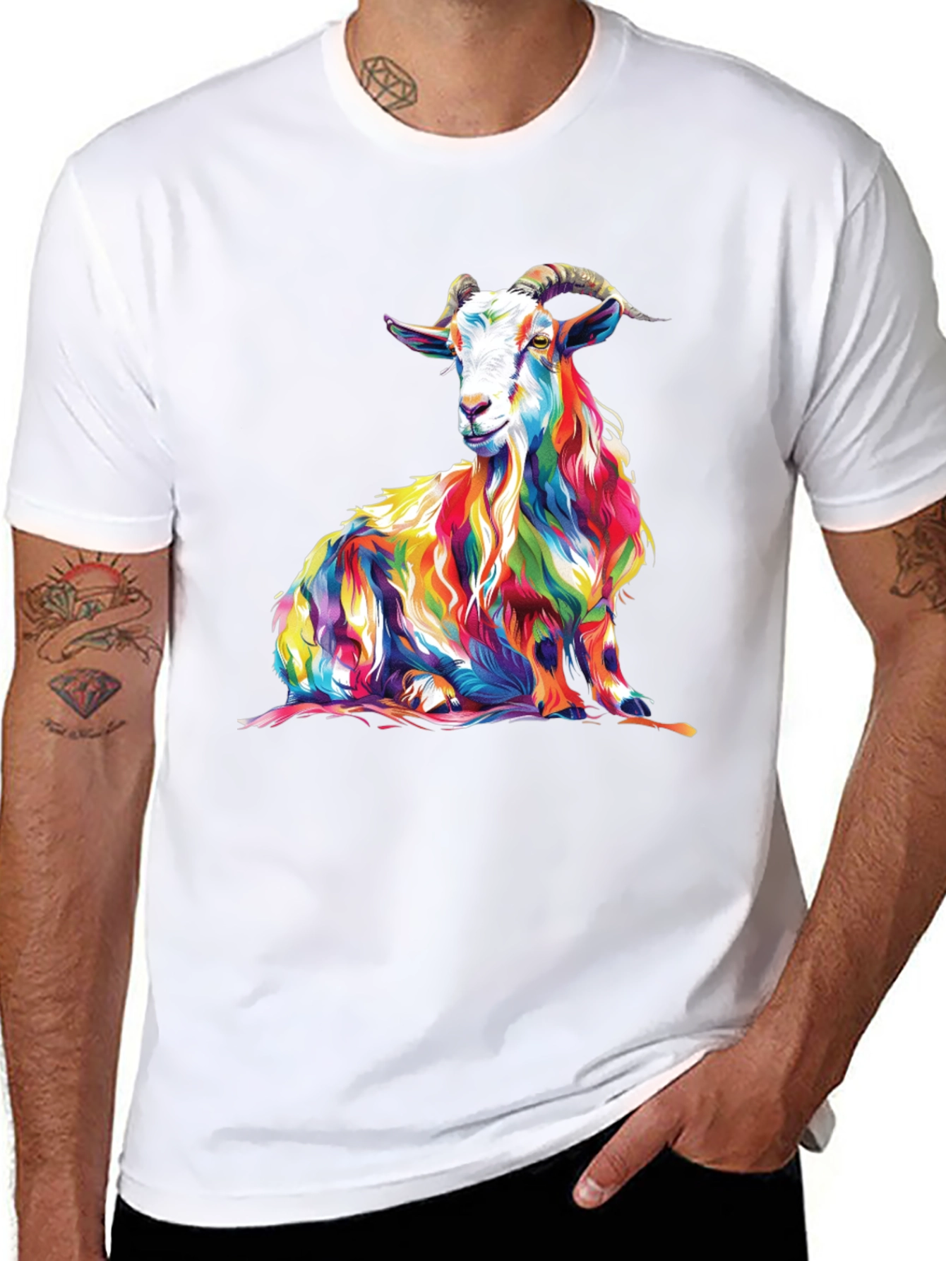 Black Colorful Goat Graphic Tee - Men's Black T-Shirt view 8