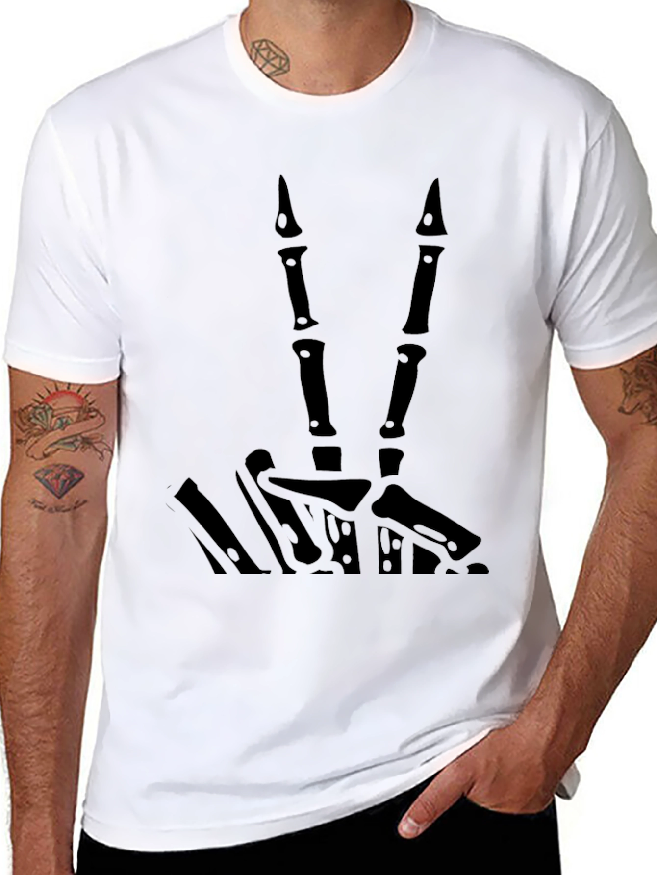 Black Skeleton Hand Peace Sign Graphic T-Shirt - Black view 8