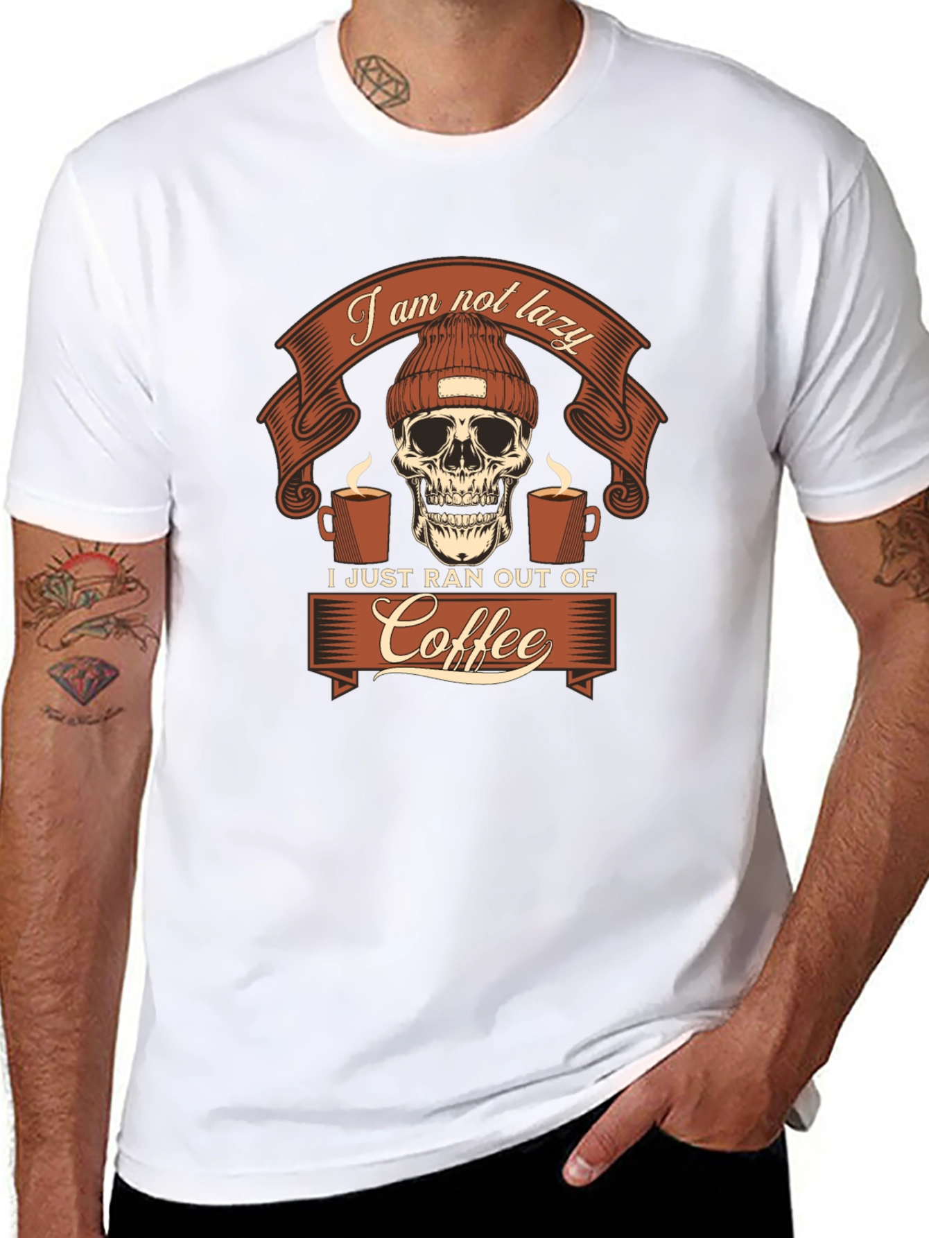 Black Funny Coffee Skull Graphic Tee - I Am Not Lazy T-Shirt view 8