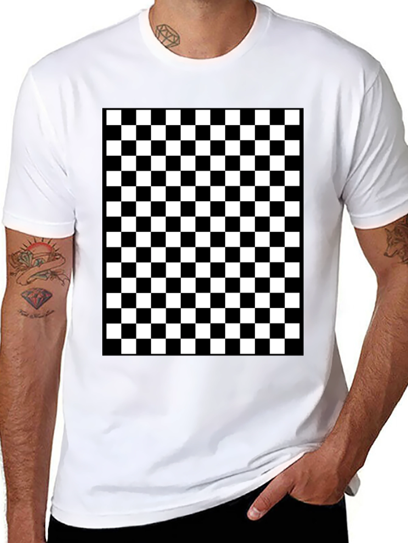 Black Checkered Pattern Black T-Shirt view 8
